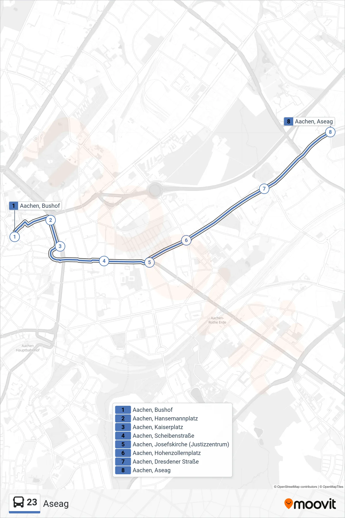 23 bus Line (Aseag) route and stops on a map