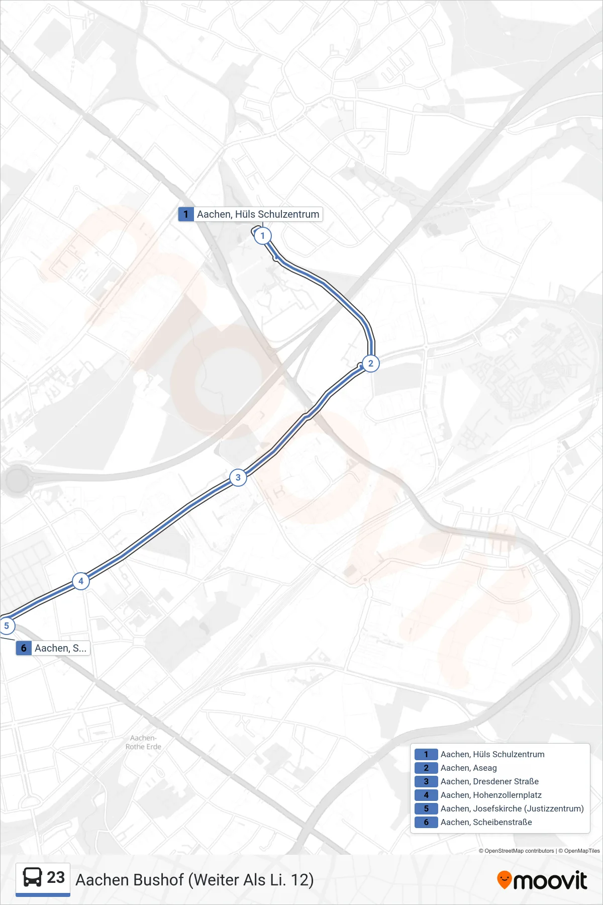 Linie 23 (Bus) Richtung Aachen Bushof (Weiter Als Li. 12): Route und Haltestellen auf der Karte
