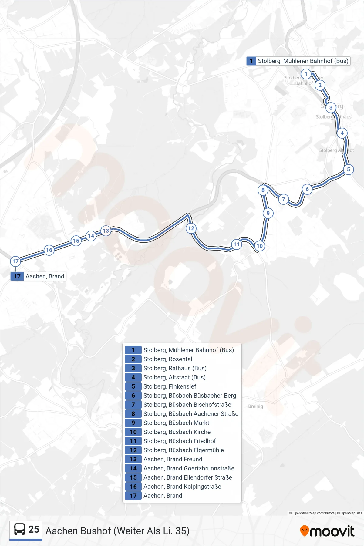 Linie 25 (Bus) Richtung Aachen Bushof (Weiter Als Li. 35): Route und Haltestellen auf der Karte