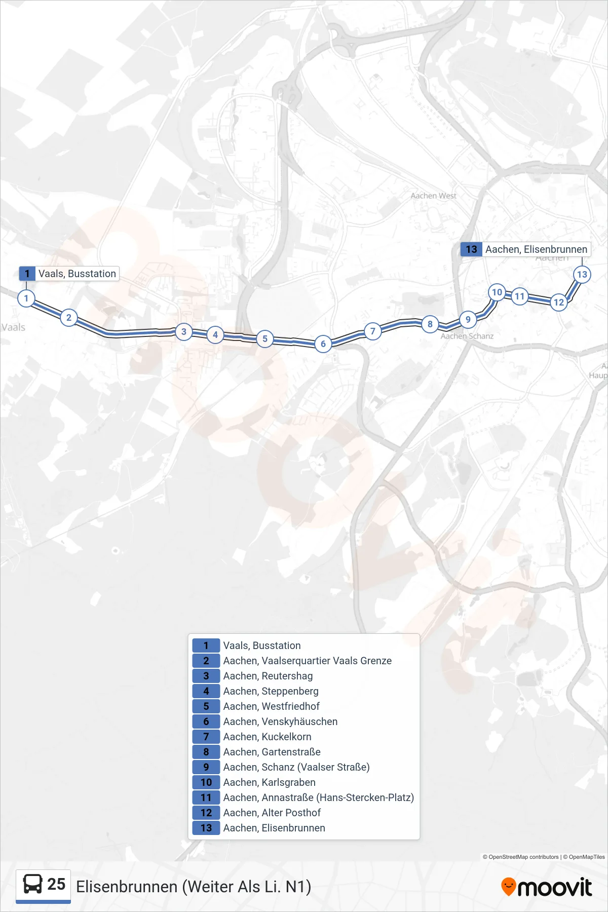 Linie 25 (Bus) Richtung Elisenbrunnen (Weiter Als Li. N1): Route und Haltestellen auf der Karte