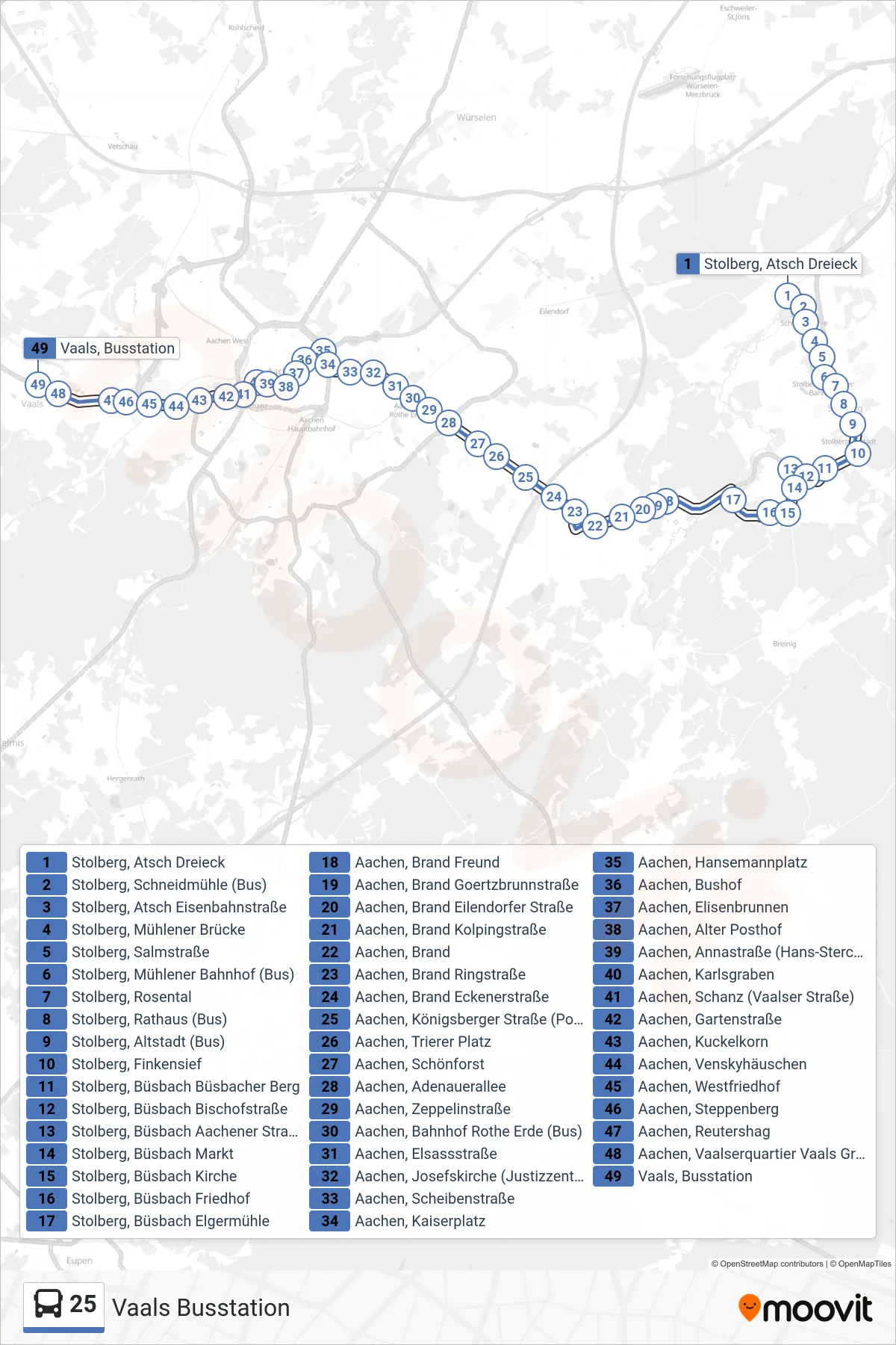 Linie 25 (Bus) Richtung Vaals Busstation: Route und Haltestellen auf der Karte