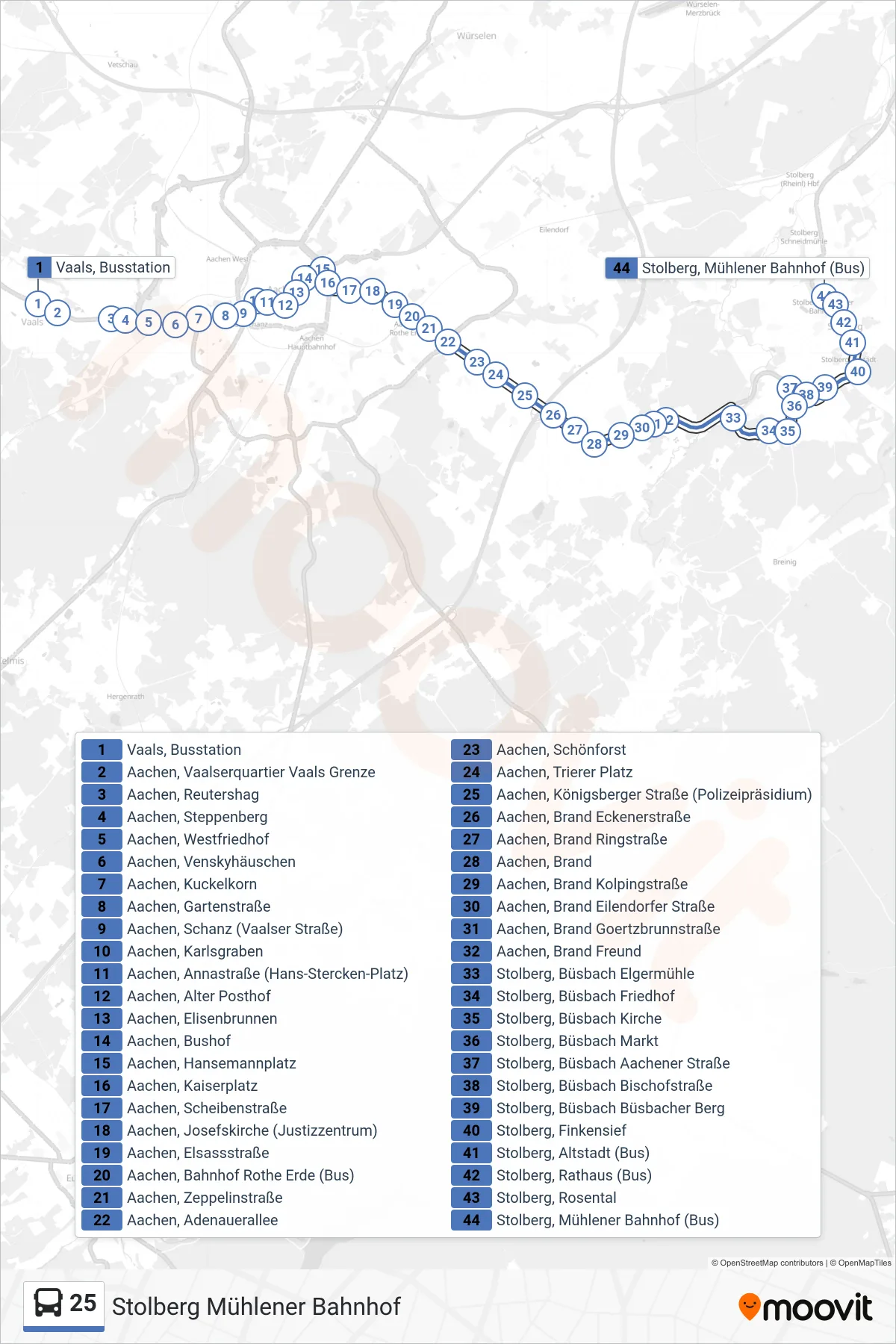 Linie 25 (Bus) Richtung Stolberg Mühlener Bahnhof: Route und Haltestellen auf der Karte