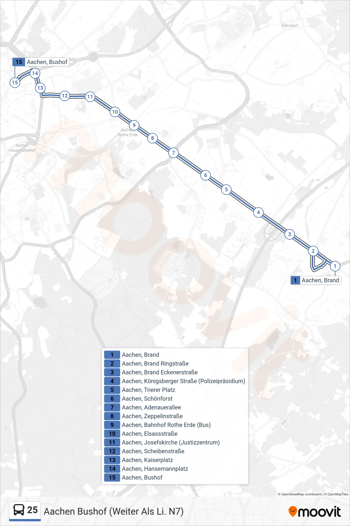 Linie 25 (Bus) Richtung Aachen Bushof (Weiter Als Li. N7): Route und Haltestellen auf der Karte