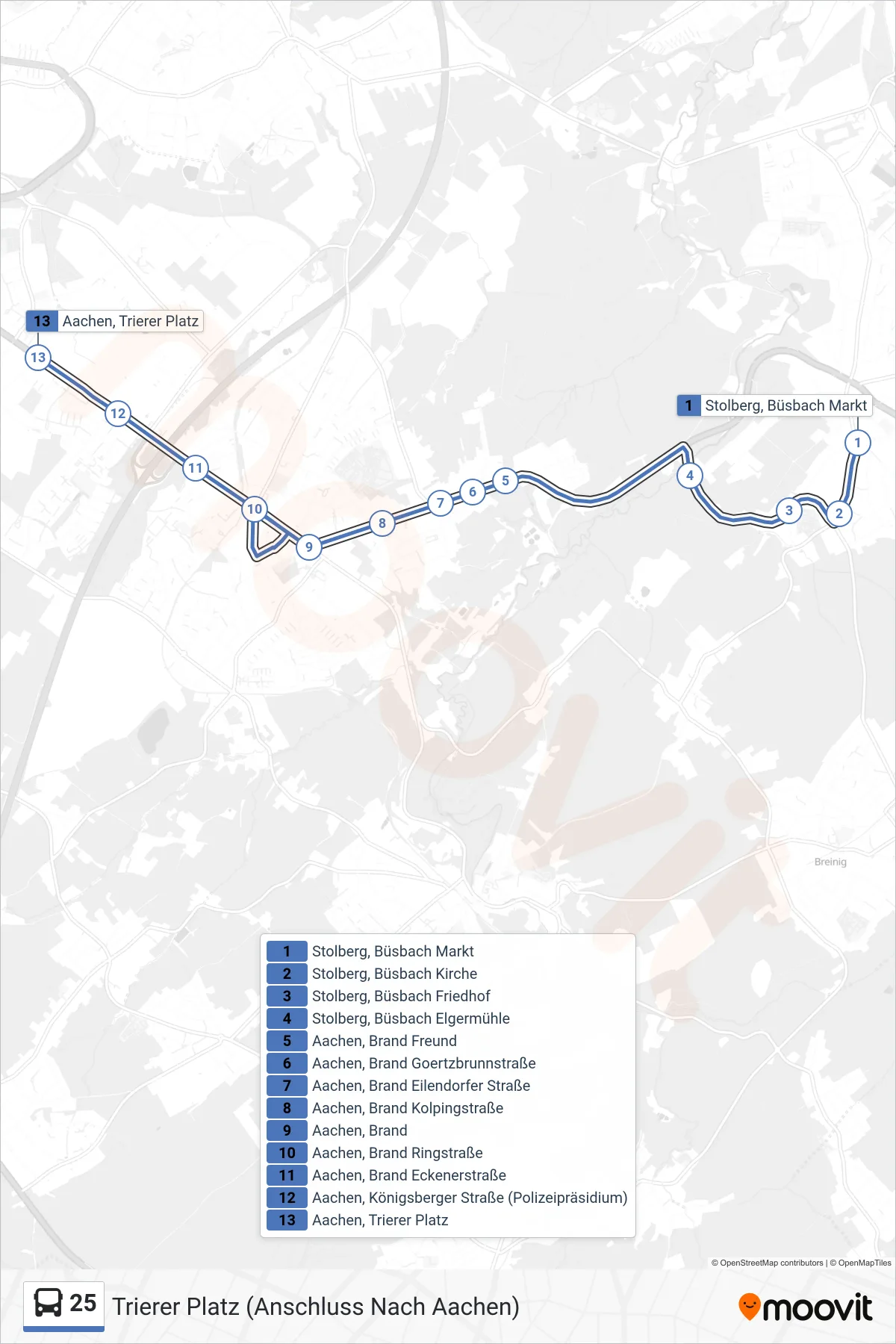 Linie 25 (Bus) Richtung Trierer Platz (Anschluss Nach Aachen): Route und Haltestellen auf der Karte