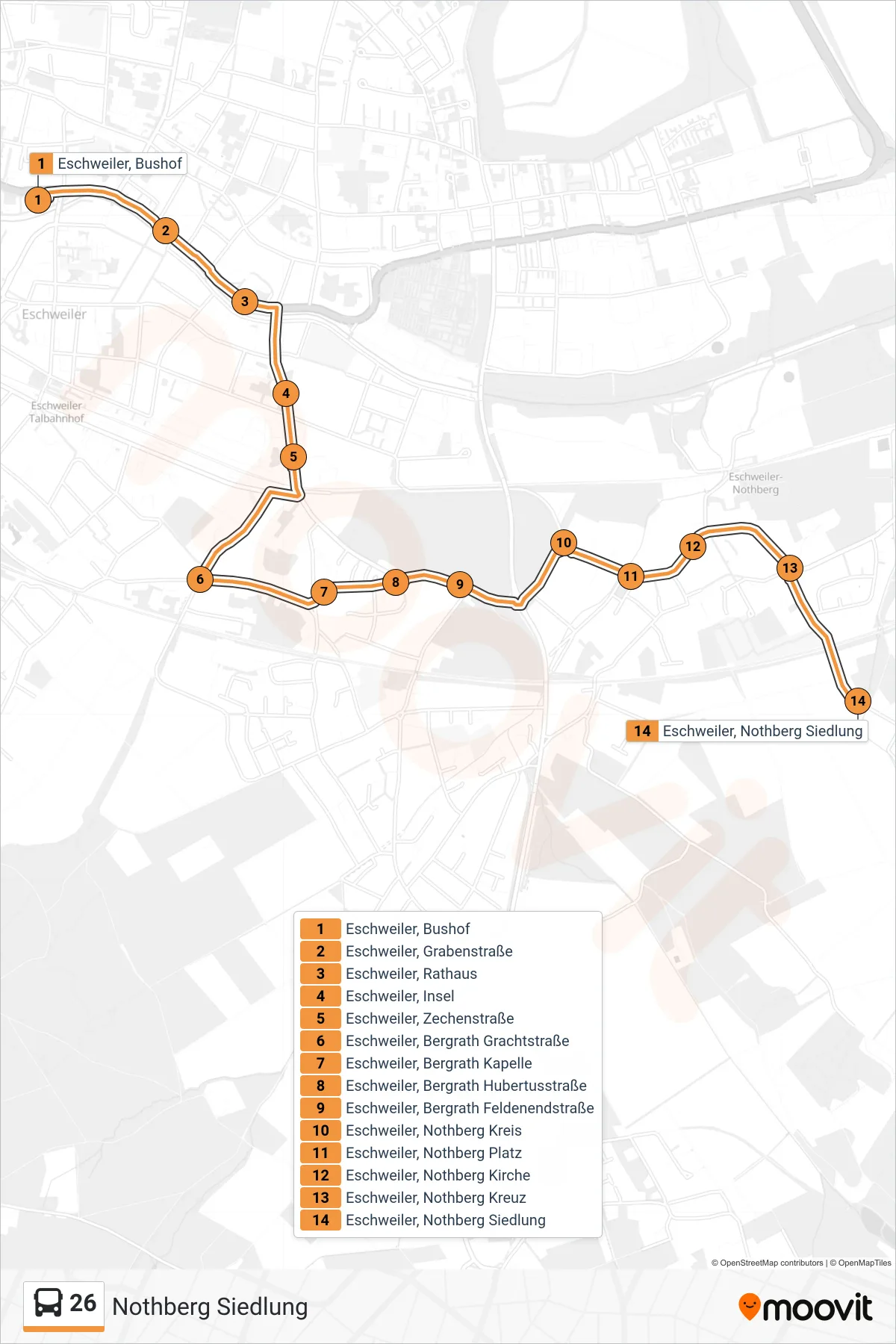 Linie 26 (Bus) Richtung Nothberg Siedlung: Route und Haltestellen auf der Karte