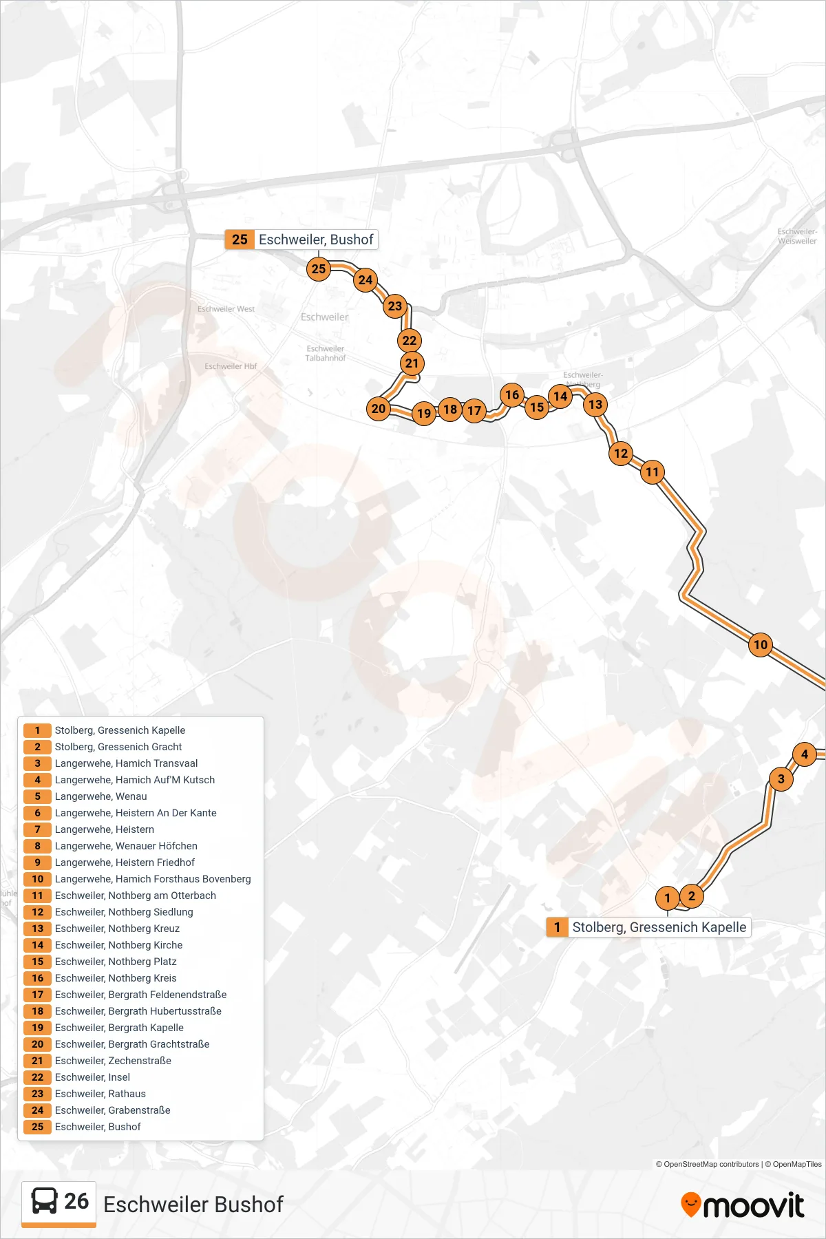 Linie 26 (Bus) Richtung Eschweiler Bushof: Route und Haltestellen auf der Karte