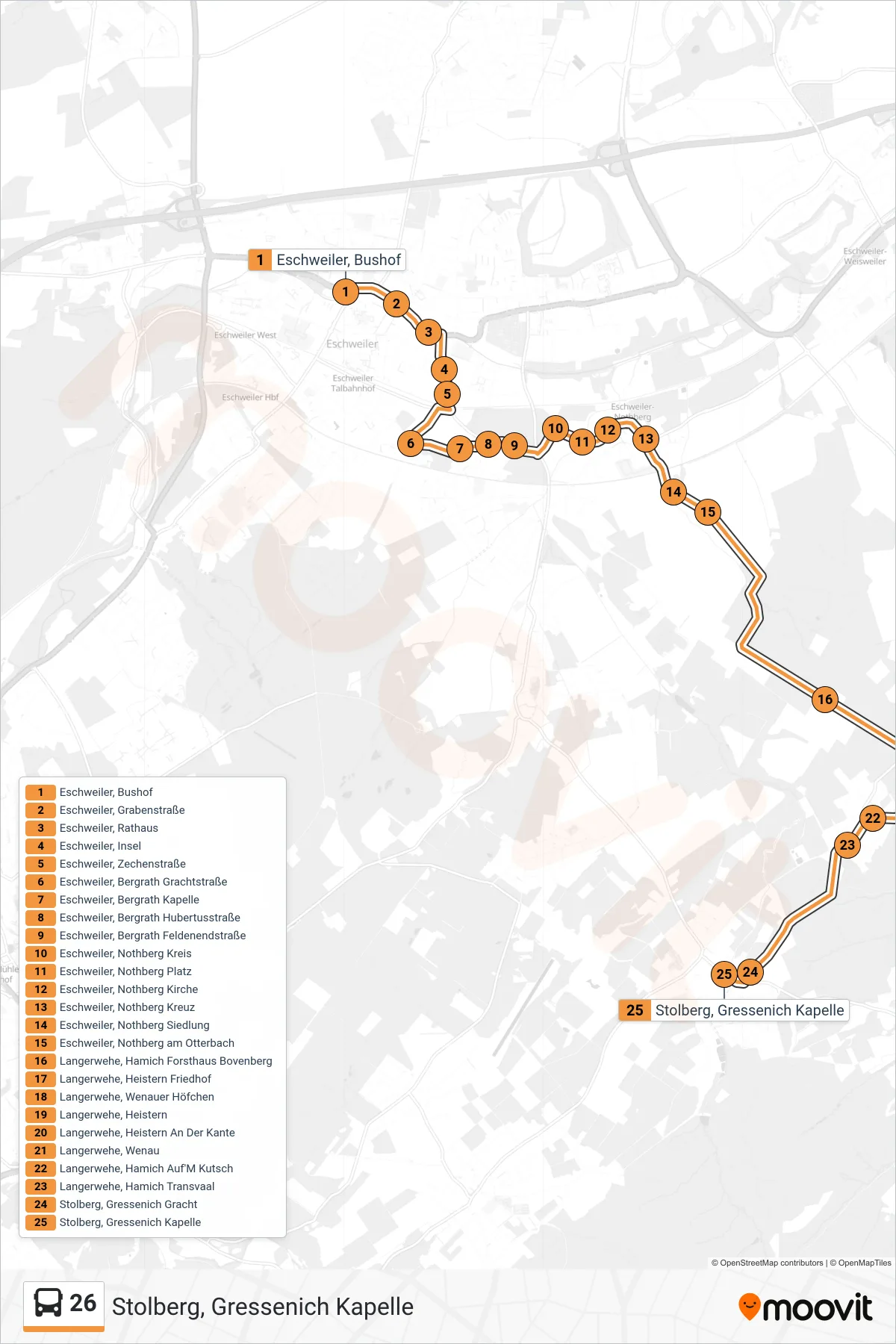Linie 26 (Bus) Richtung Stolberg, Gressenich Kapelle: Route und Haltestellen auf der Karte