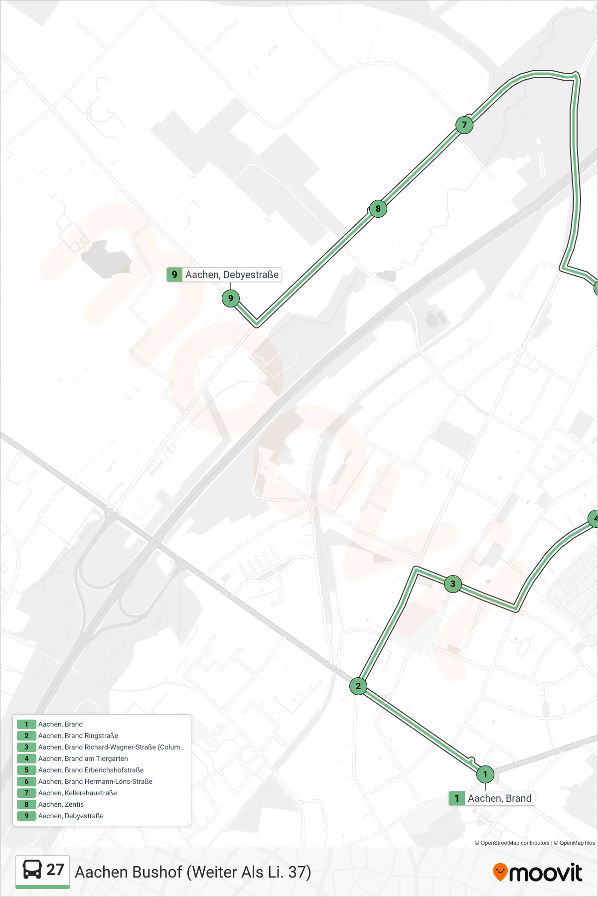 Linie 27 (Bus) Richtung Aachen Bushof (Weiter Als Li. 37): Route und Haltestellen auf der Karte