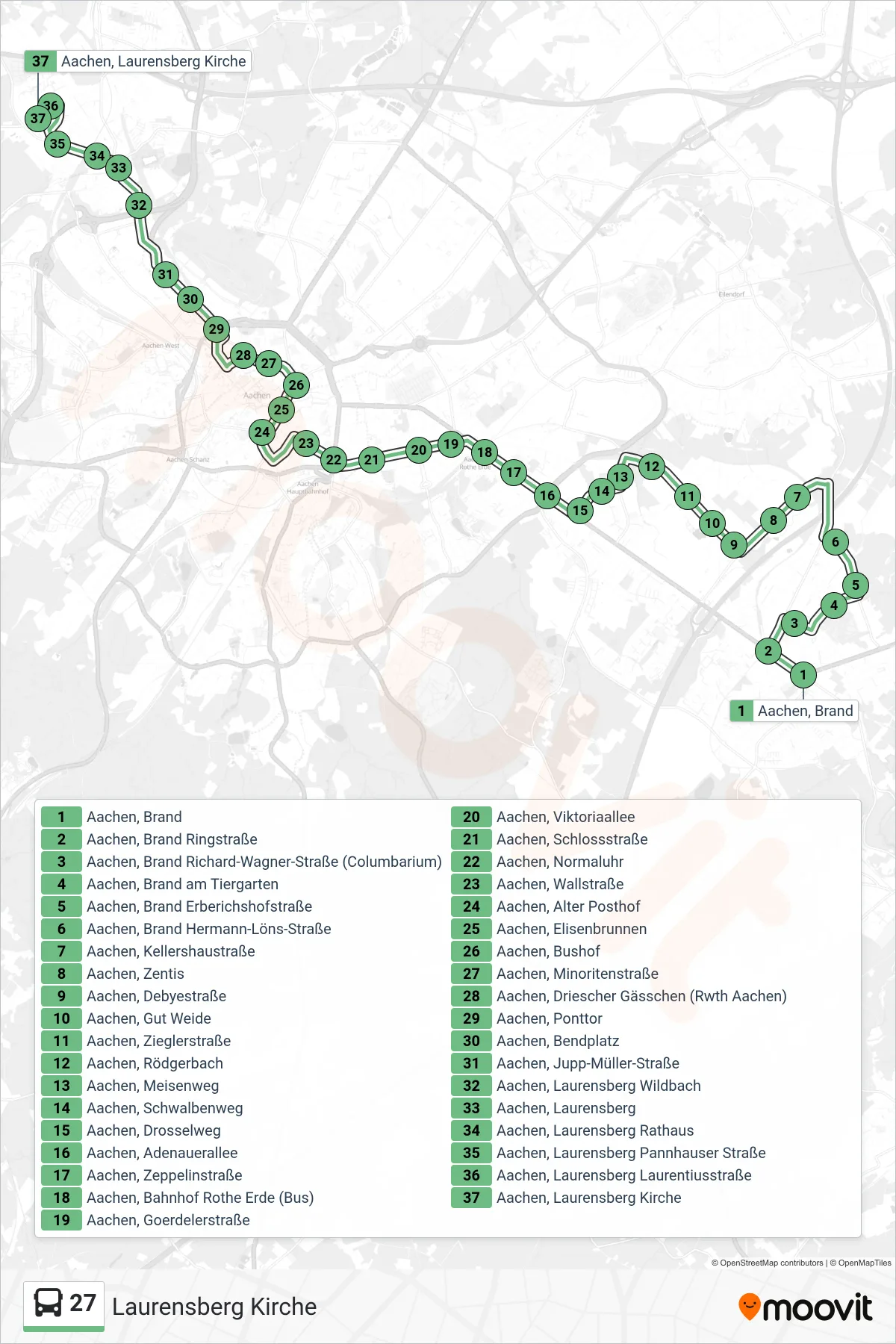 27 bus Line (Laurensberg Kirche) route and stops on a map