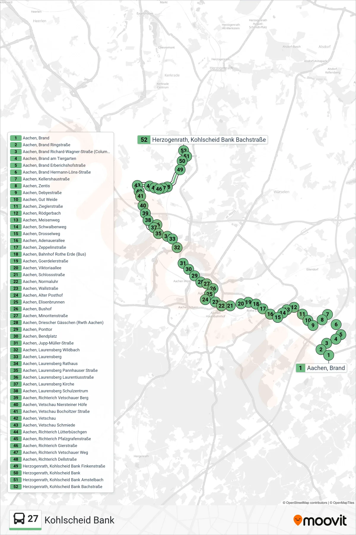 Linie 27 (Bus) Richtung Kohlscheid Bank: Route und Haltestellen auf der Karte