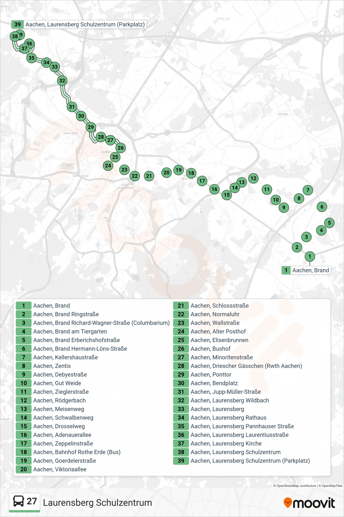 Linie 27 (Bus) Richtung Laurensberg Schulzentrum: Route und Haltestellen auf der Karte