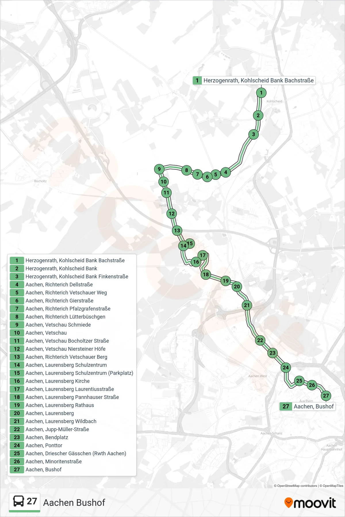 Linie 27 (Bus) Richtung Aachen Bushof: Route und Haltestellen auf der Karte