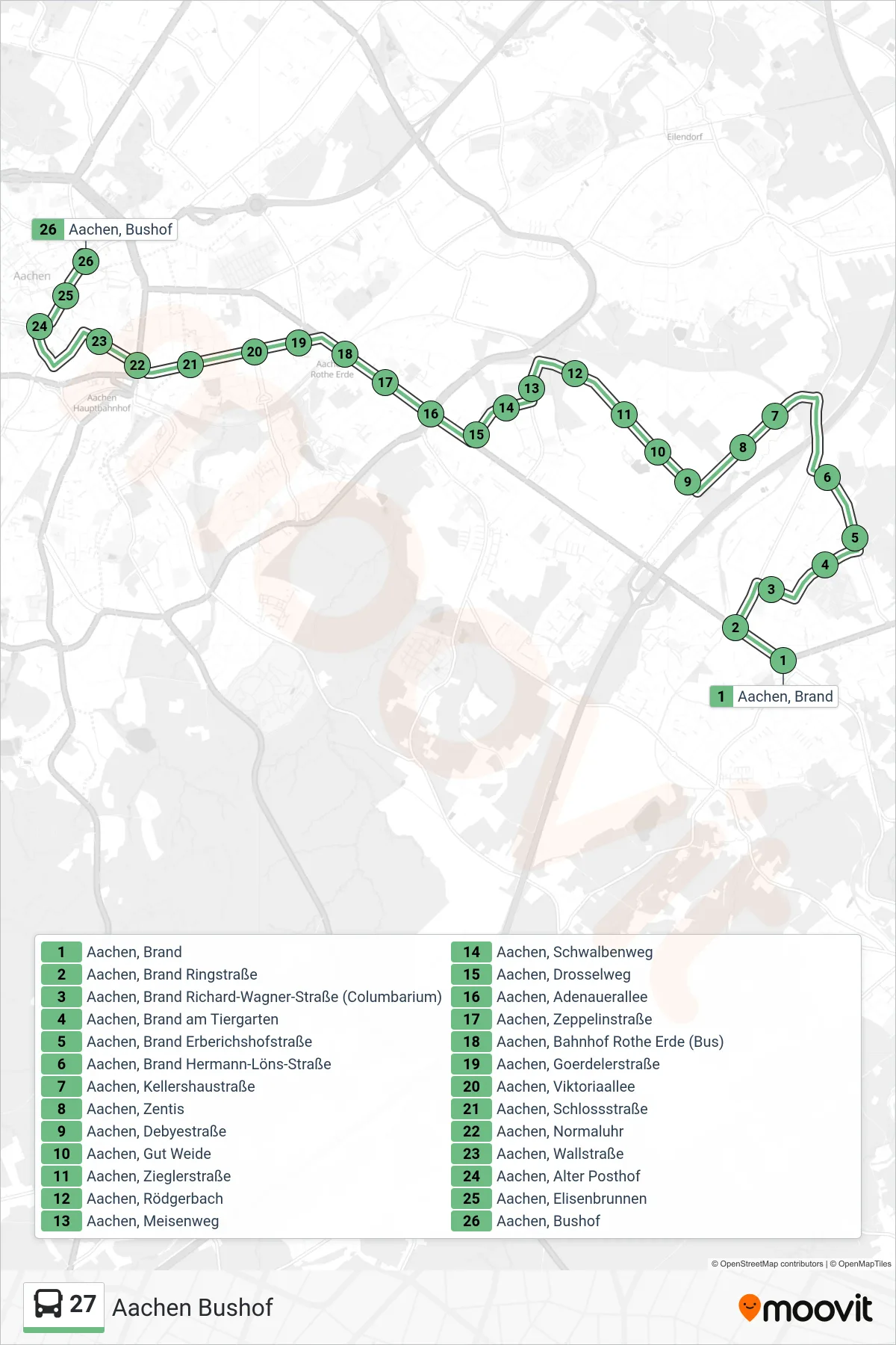 Linie 27 (Bus) Richtung Aachen Bushof: Route und Haltestellen auf der Karte