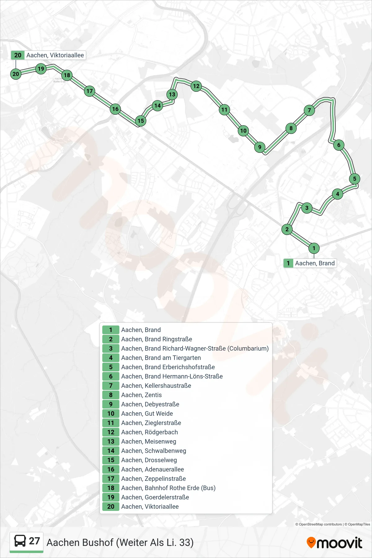 Linie 27 (Bus) Richtung Aachen Bushof (Weiter Als Li. 33): Route und Haltestellen auf der Karte
