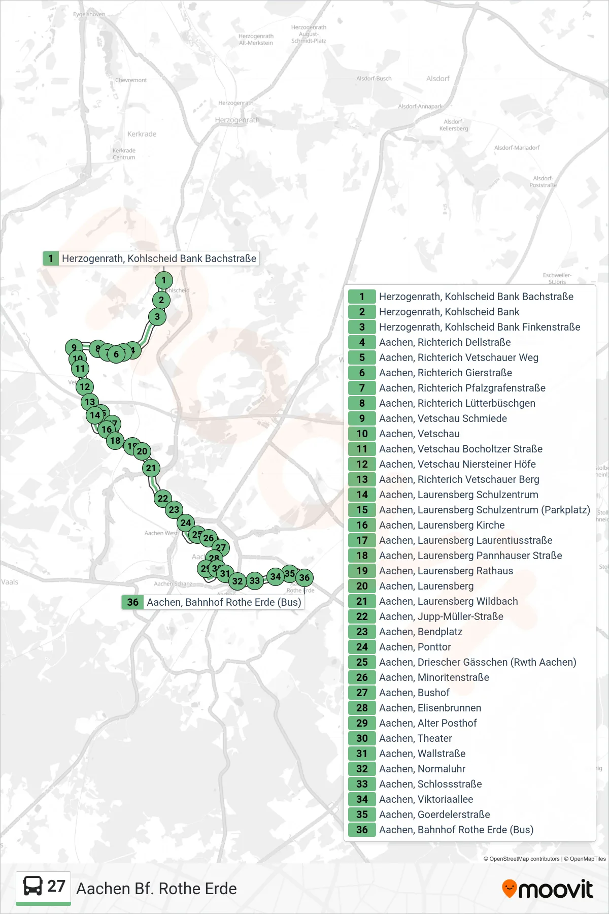 Linie 27 (Bus) Richtung Aachen Bf. Rothe Erde: Route und Haltestellen auf der Karte