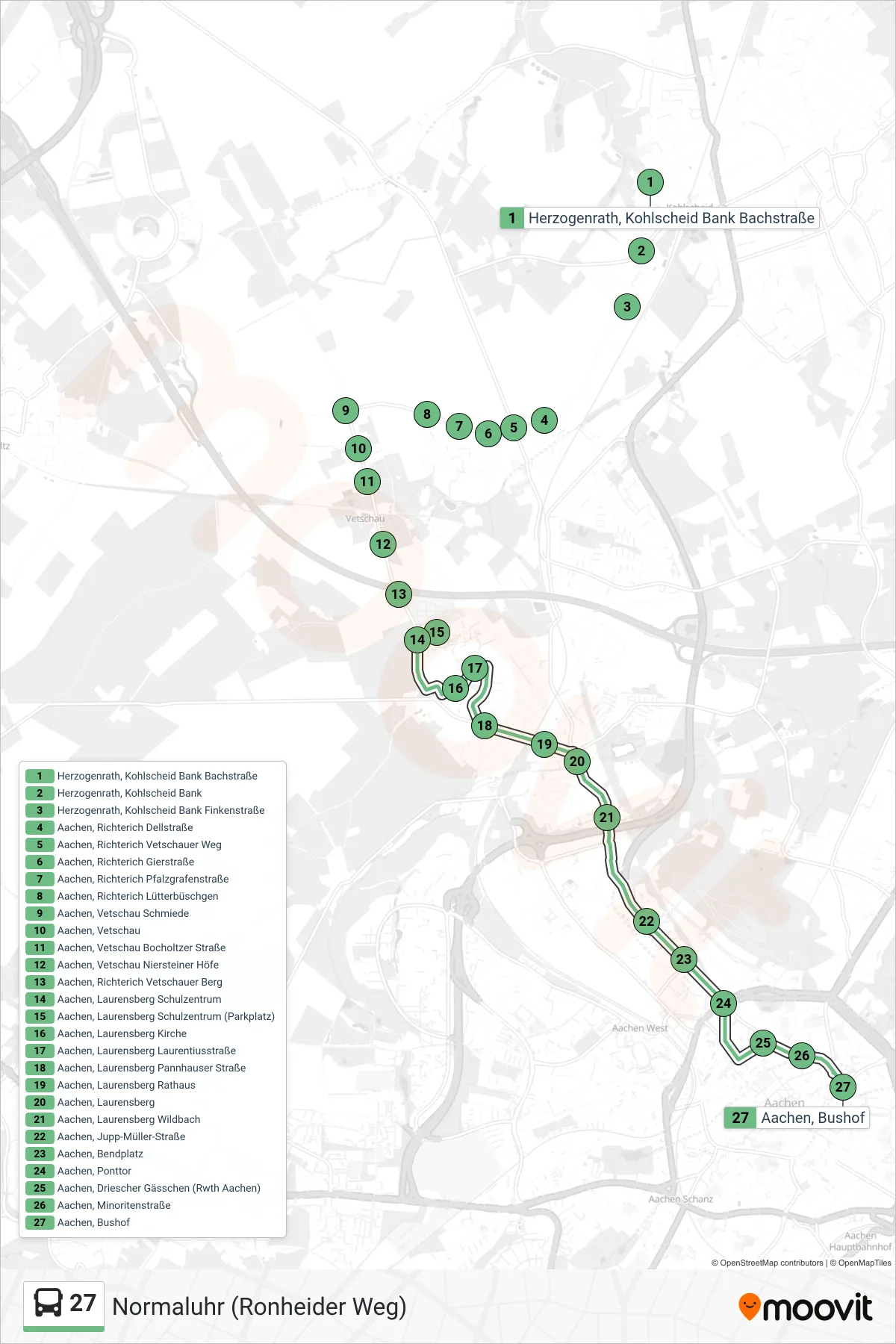 Linie 27 (Bus) Richtung Normaluhr (Ronheider Weg): Route und Haltestellen auf der Karte