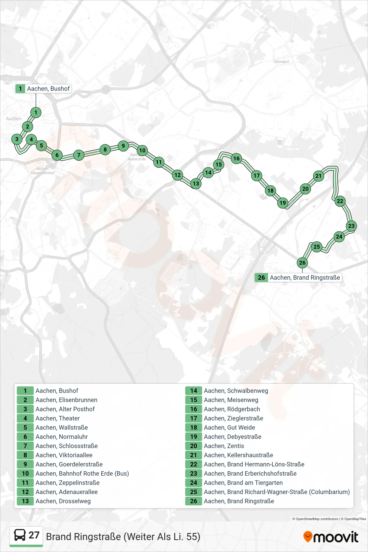 Linie 27 (Bus) Richtung Brand Ringstraße (Weiter Als Li. 55): Route und Haltestellen auf der Karte
