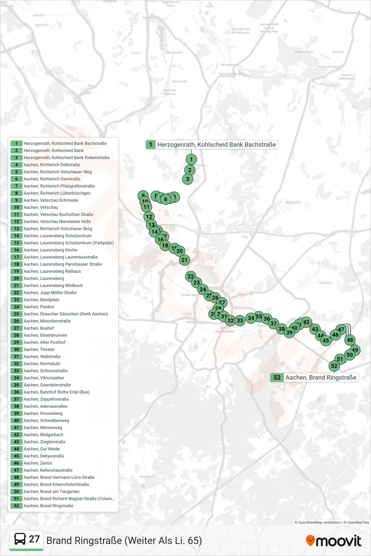 27 bus Line (Brand Ringstraße (Weiter Als Li. 65)) route and stops on a map