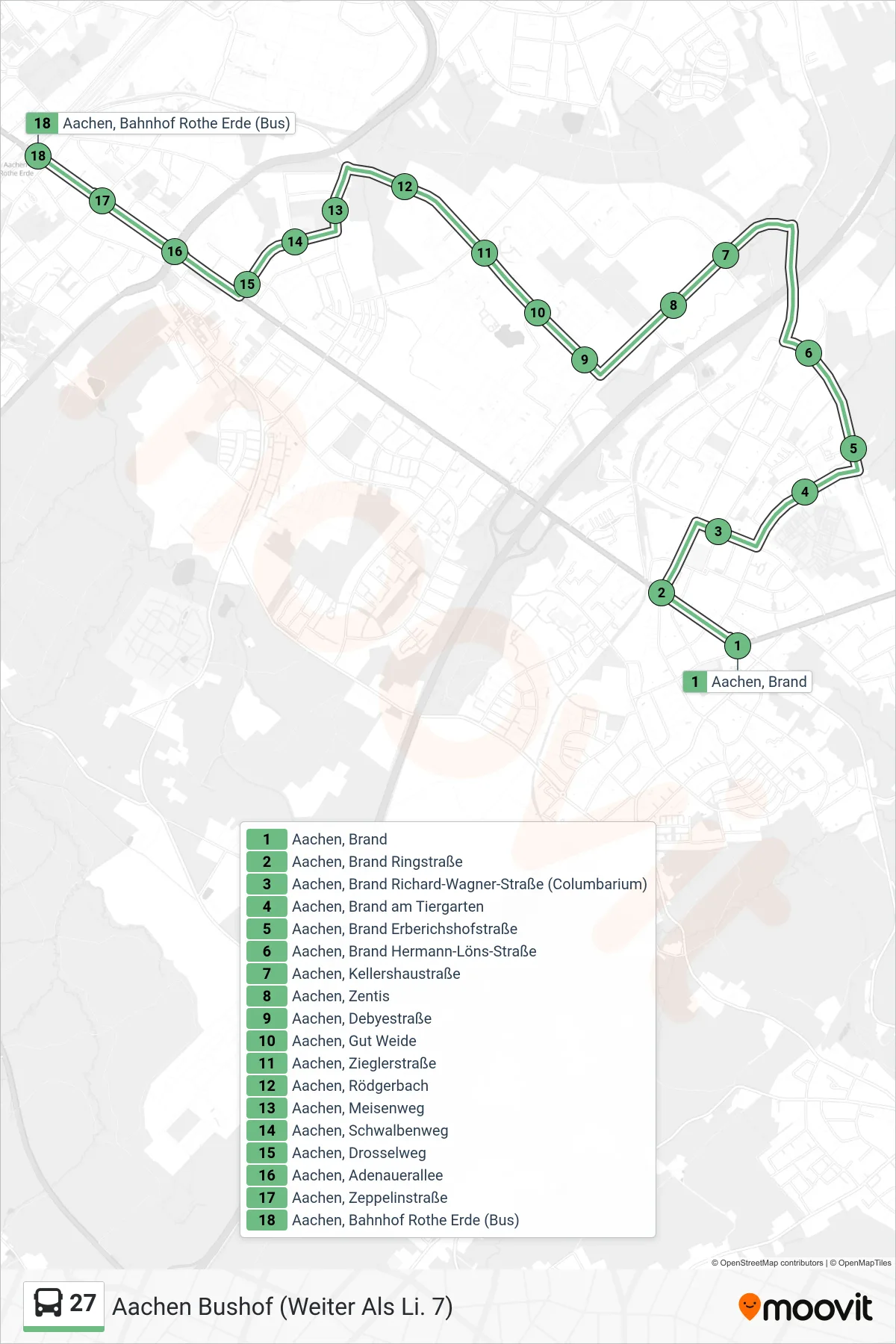 Linie 27 (Bus) Richtung Aachen Bushof (Weiter Als Li. 7): Route und Haltestellen auf der Karte