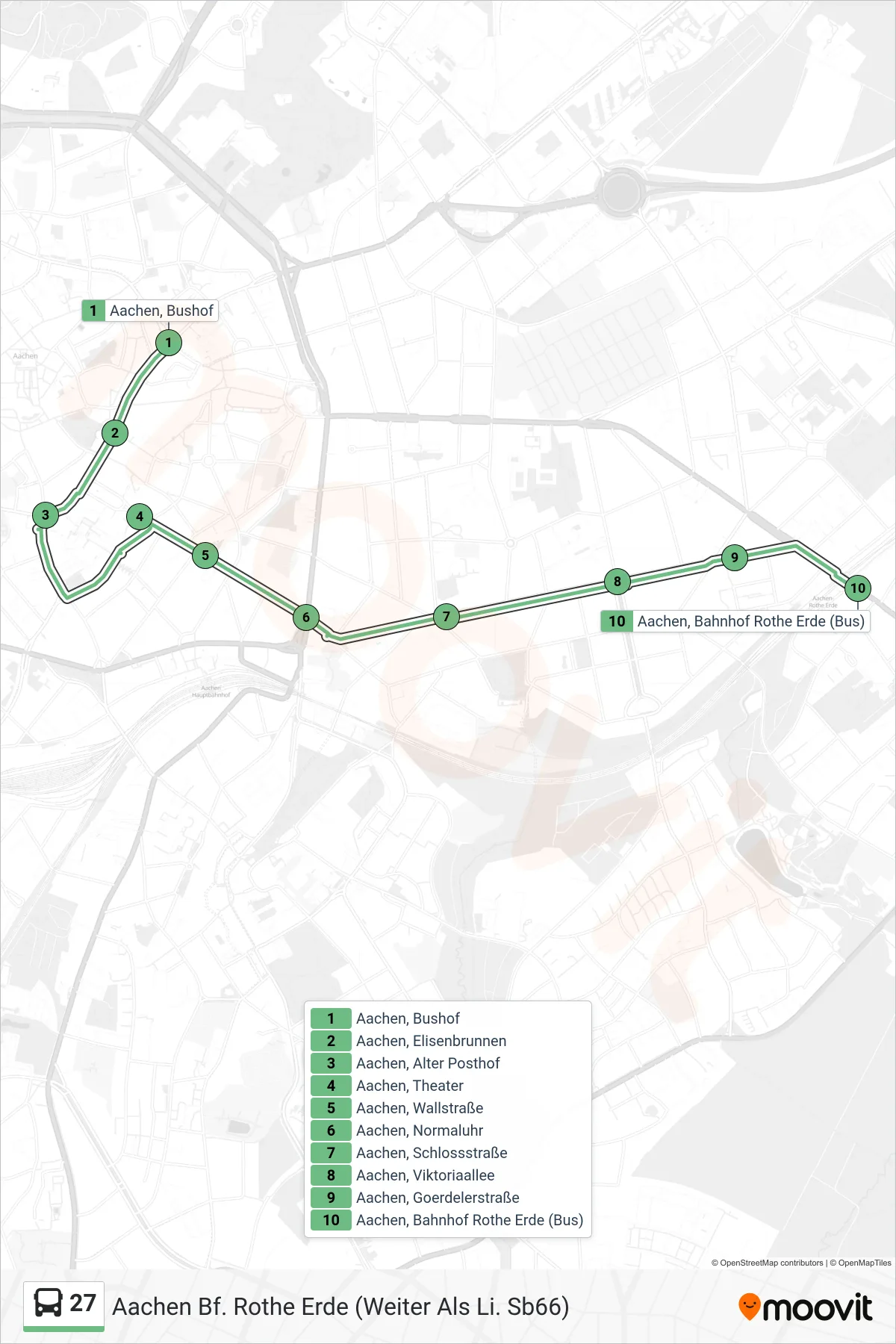Linie 27 (Bus) Richtung Aachen Bf. Rothe Erde (Weiter Als Li. Sb66): Route und Haltestellen auf der Karte