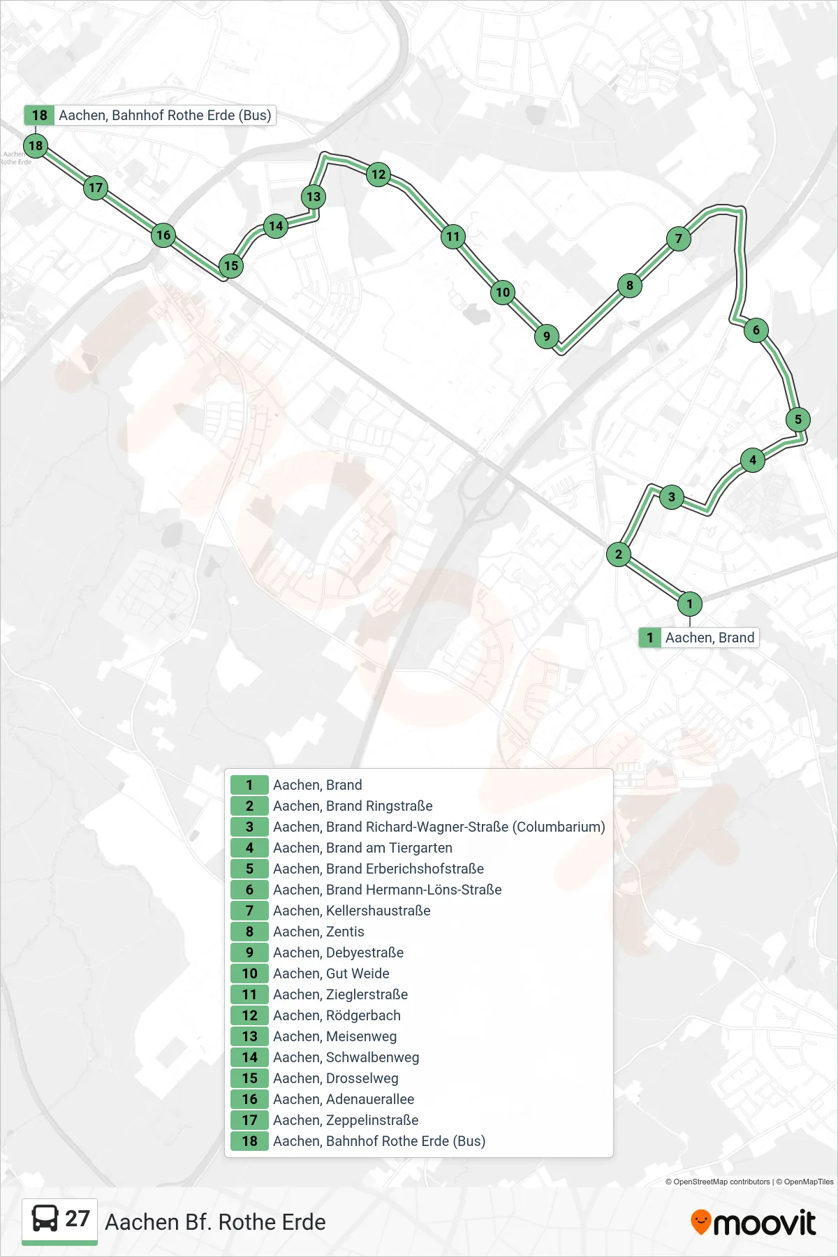 Linie 27 (Bus) Richtung Aachen Bf. Rothe Erde: Route und Haltestellen auf der Karte