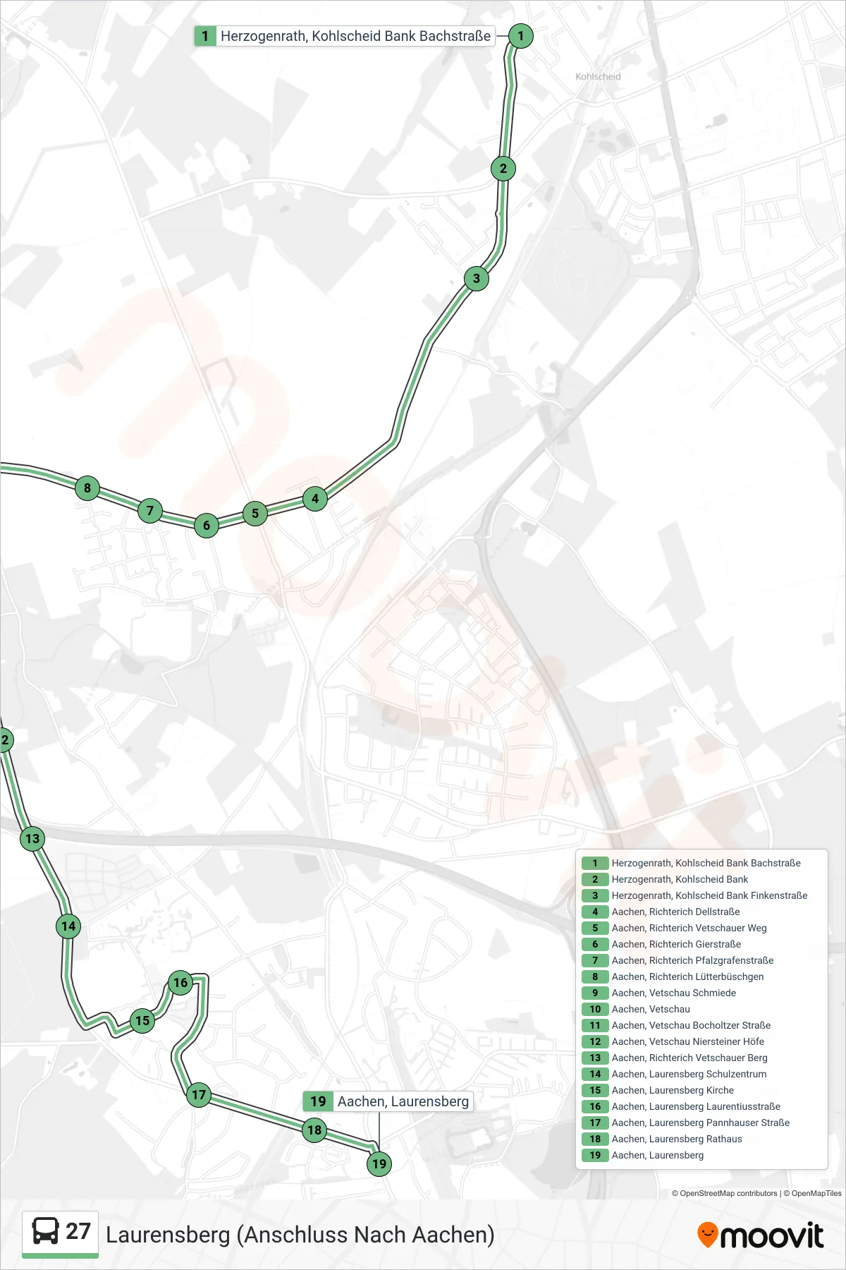 27 bus Line (Laurensberg (Anschluss Nach Aachen)) route and stops on a map