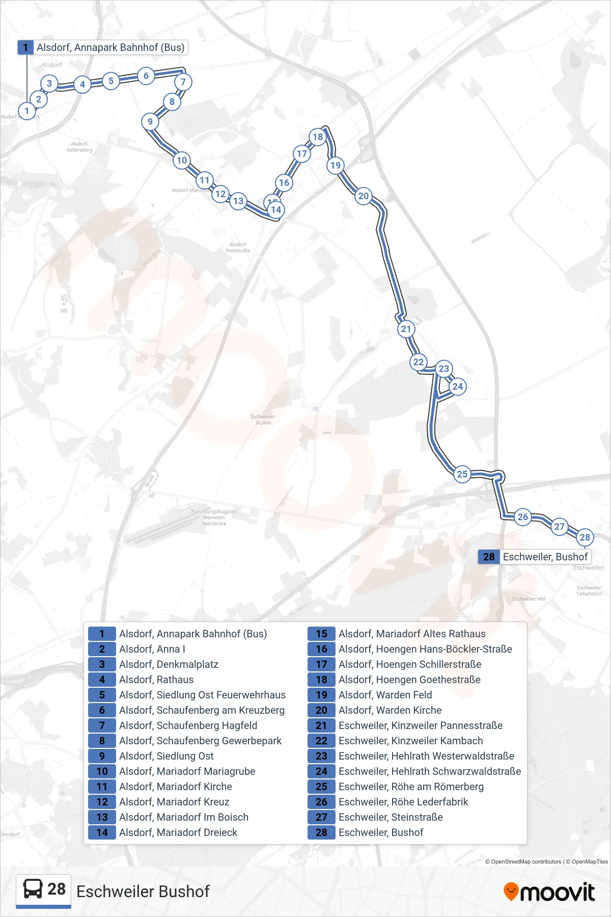 28 bus Line (Eschweiler Bushof) route and stops on a map