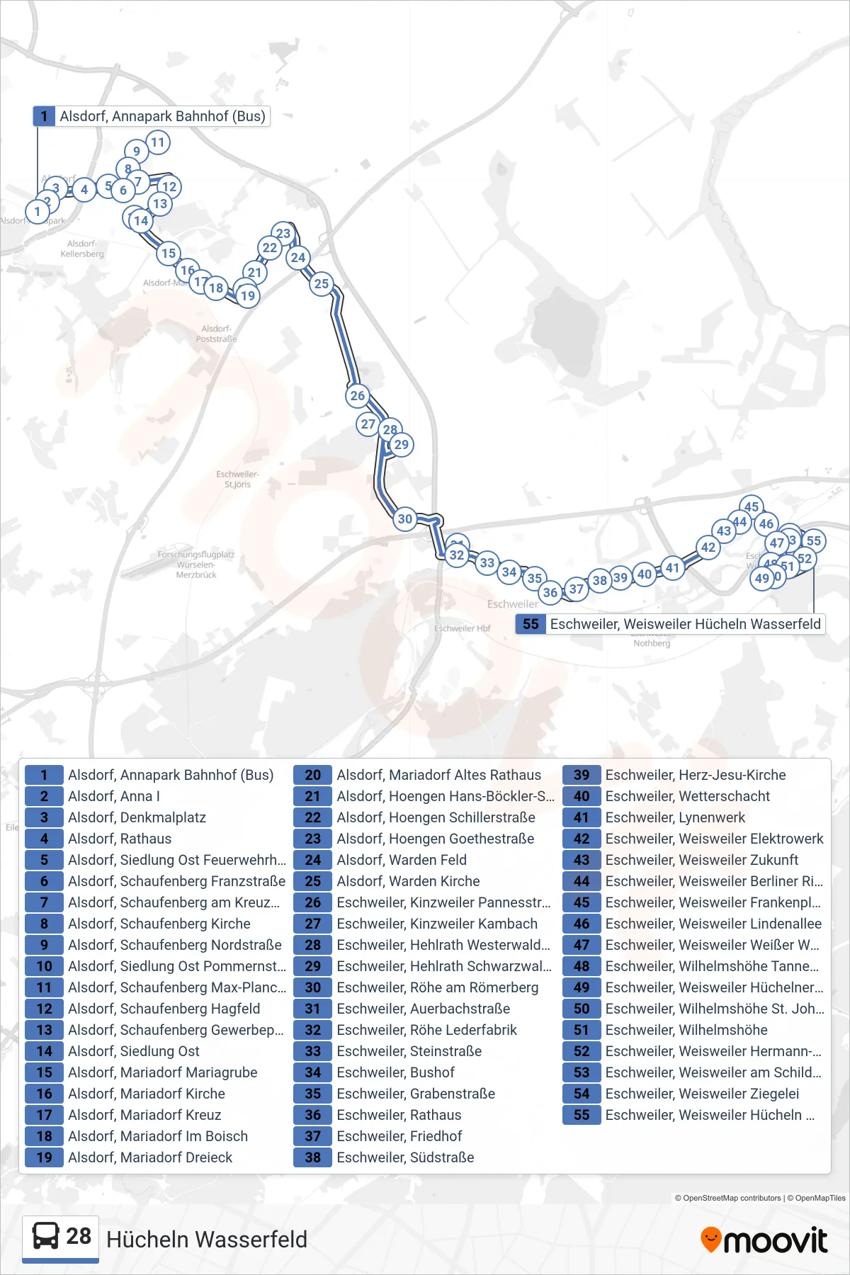 Linie 28 (Bus) Richtung Hücheln Wasserfeld: Route und Haltestellen auf der Karte