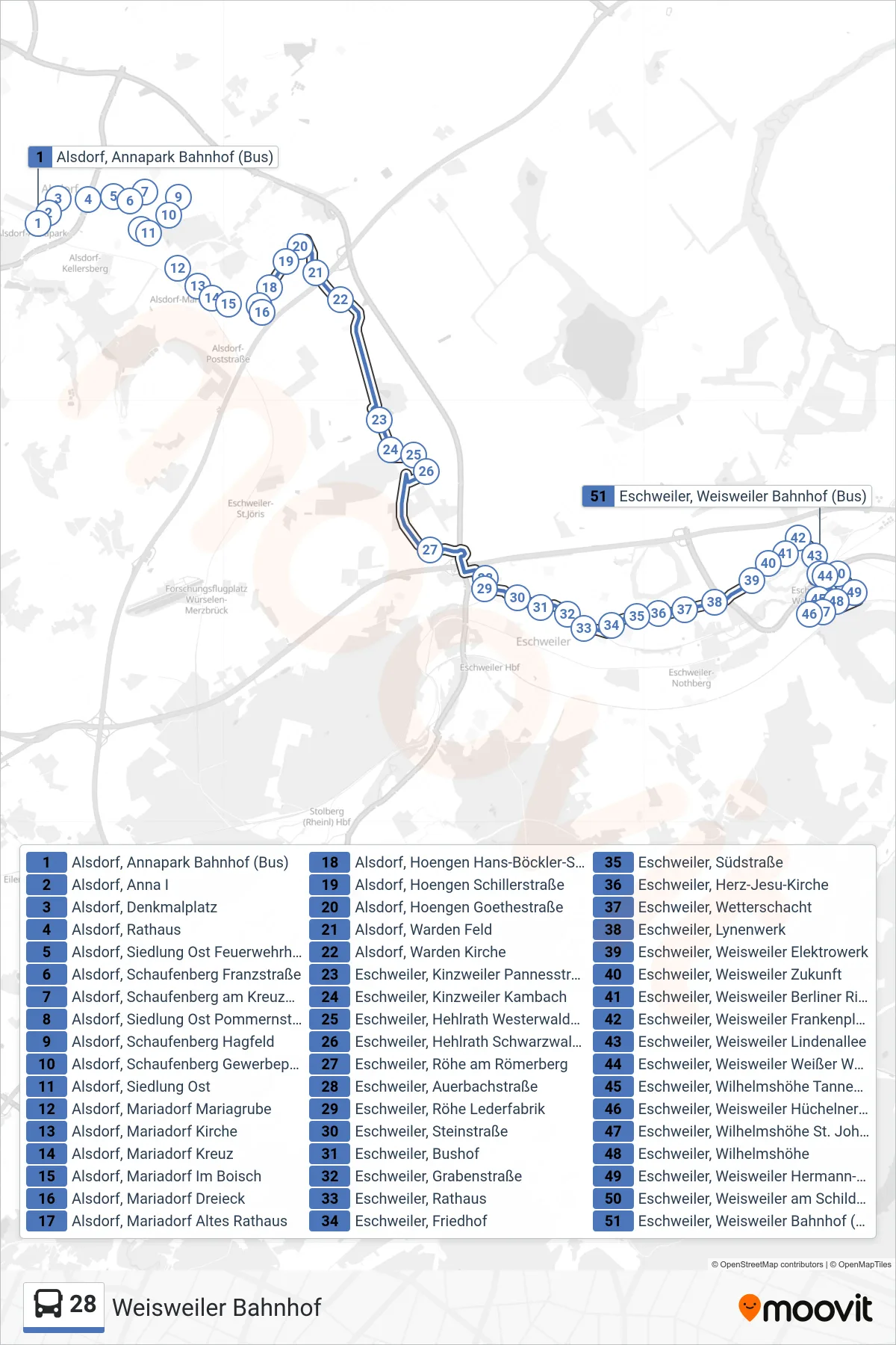 Linie 28 (Bus) Richtung Weisweiler Bahnhof: Route und Haltestellen auf der Karte