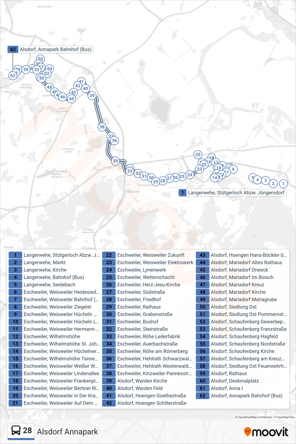 Linie 28 (Bus) Richtung Alsdorf Annapark: Route und Haltestellen auf der Karte