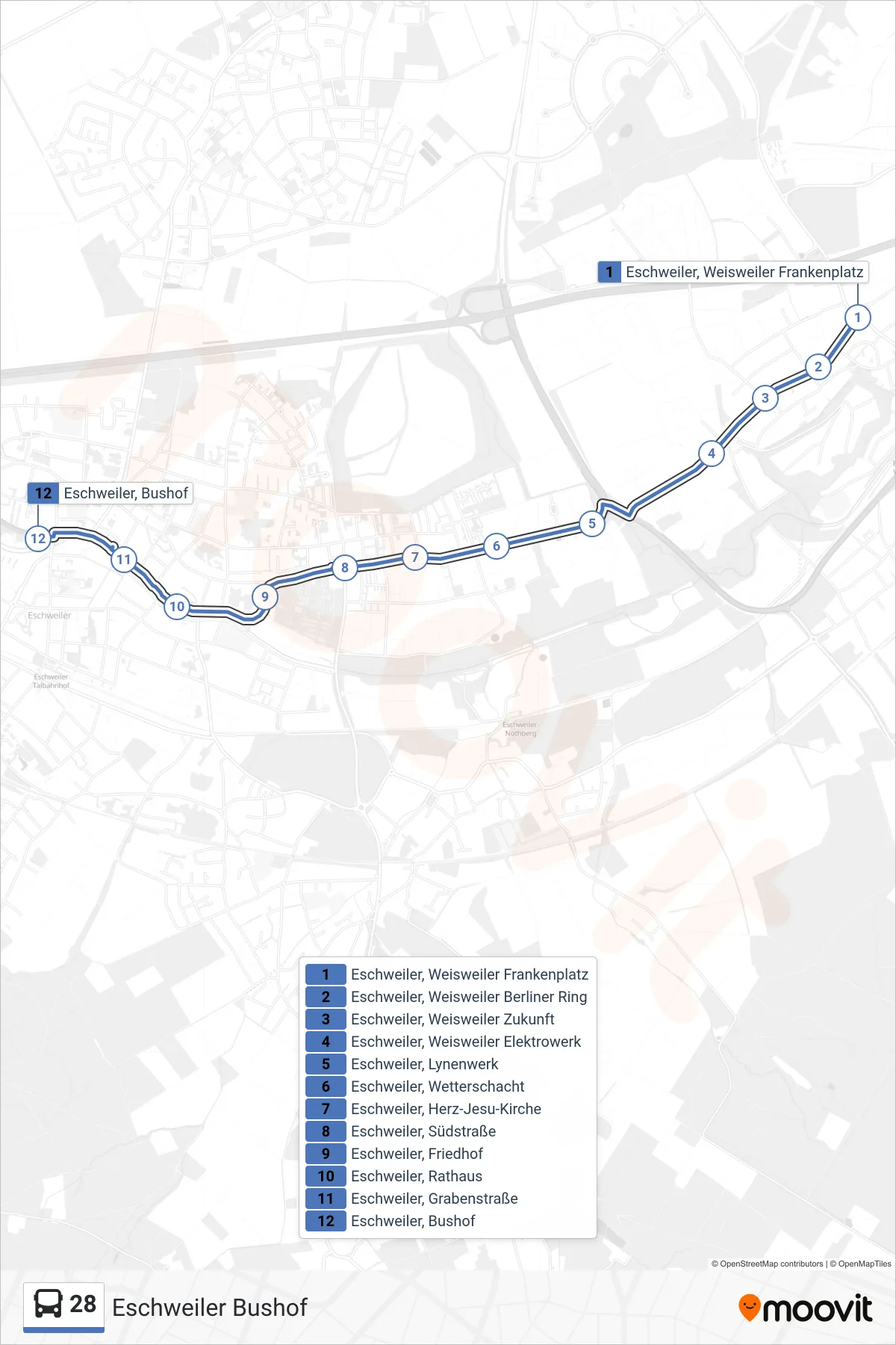 28 bus Line (Eschweiler Bushof) route and stops on a map