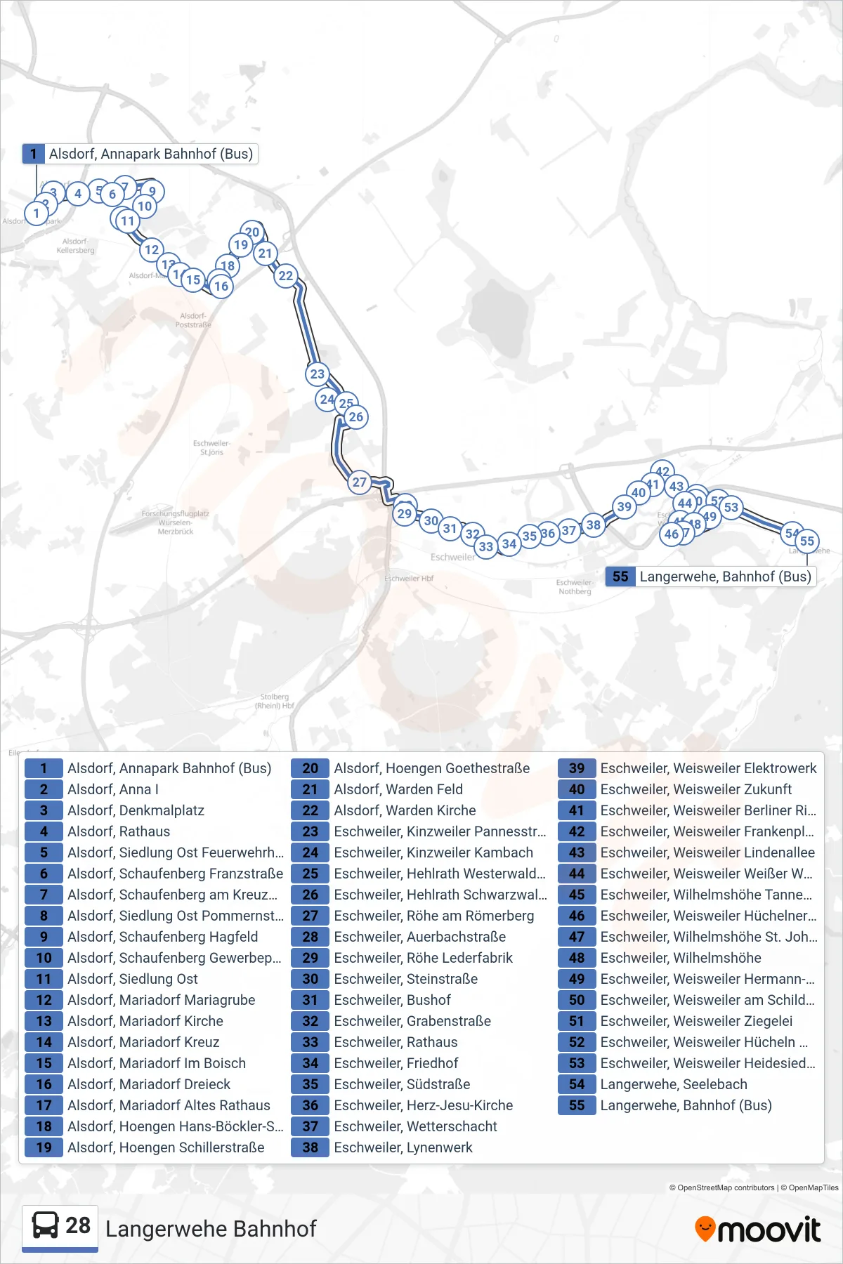 Linie 28 (Bus) Richtung Langerwehe Bahnhof: Route und Haltestellen auf der Karte