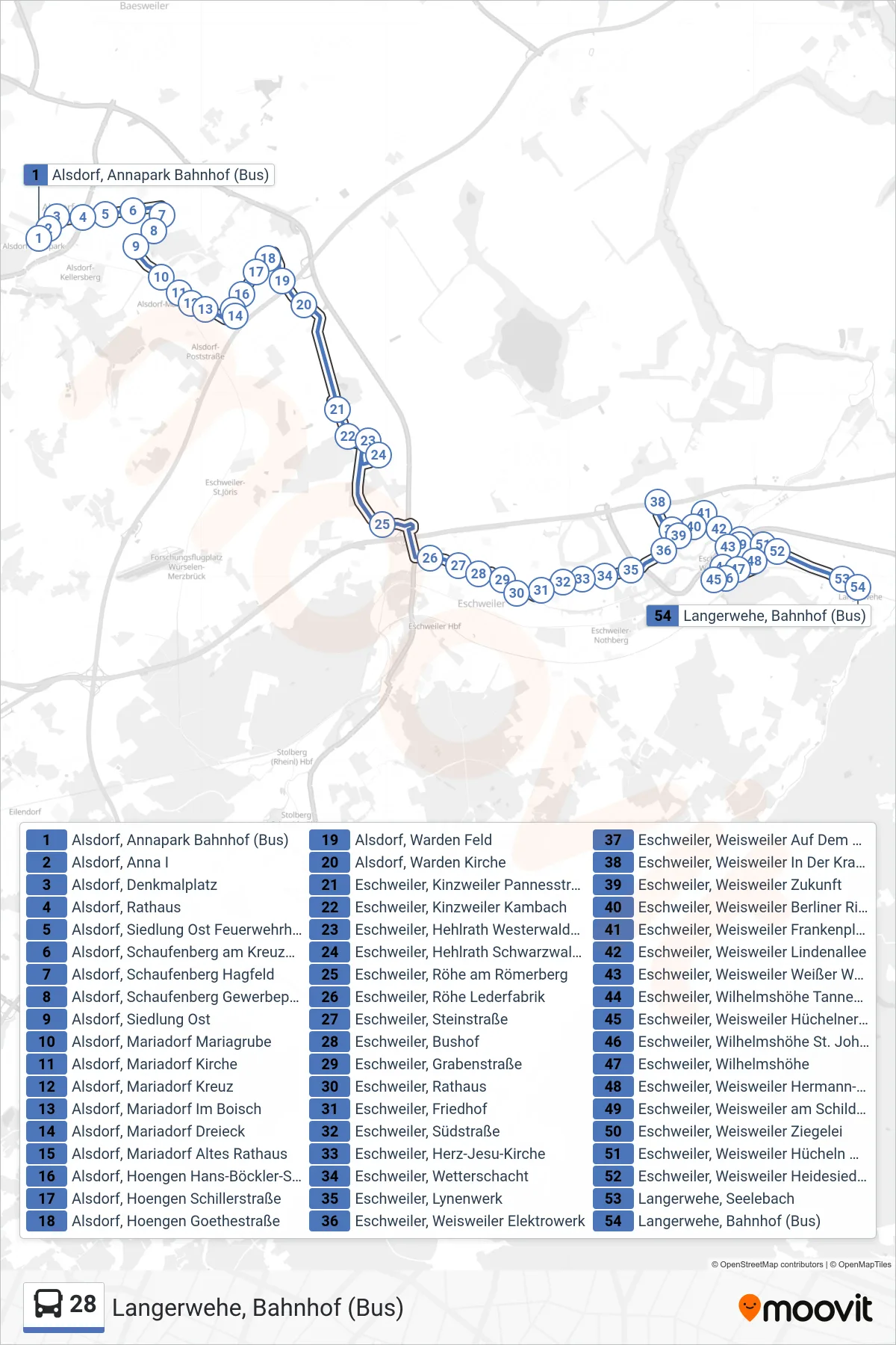 Linie 28 (Bus) Richtung Langerwehe, Bahnhof (Bus): Route und Haltestellen auf der Karte