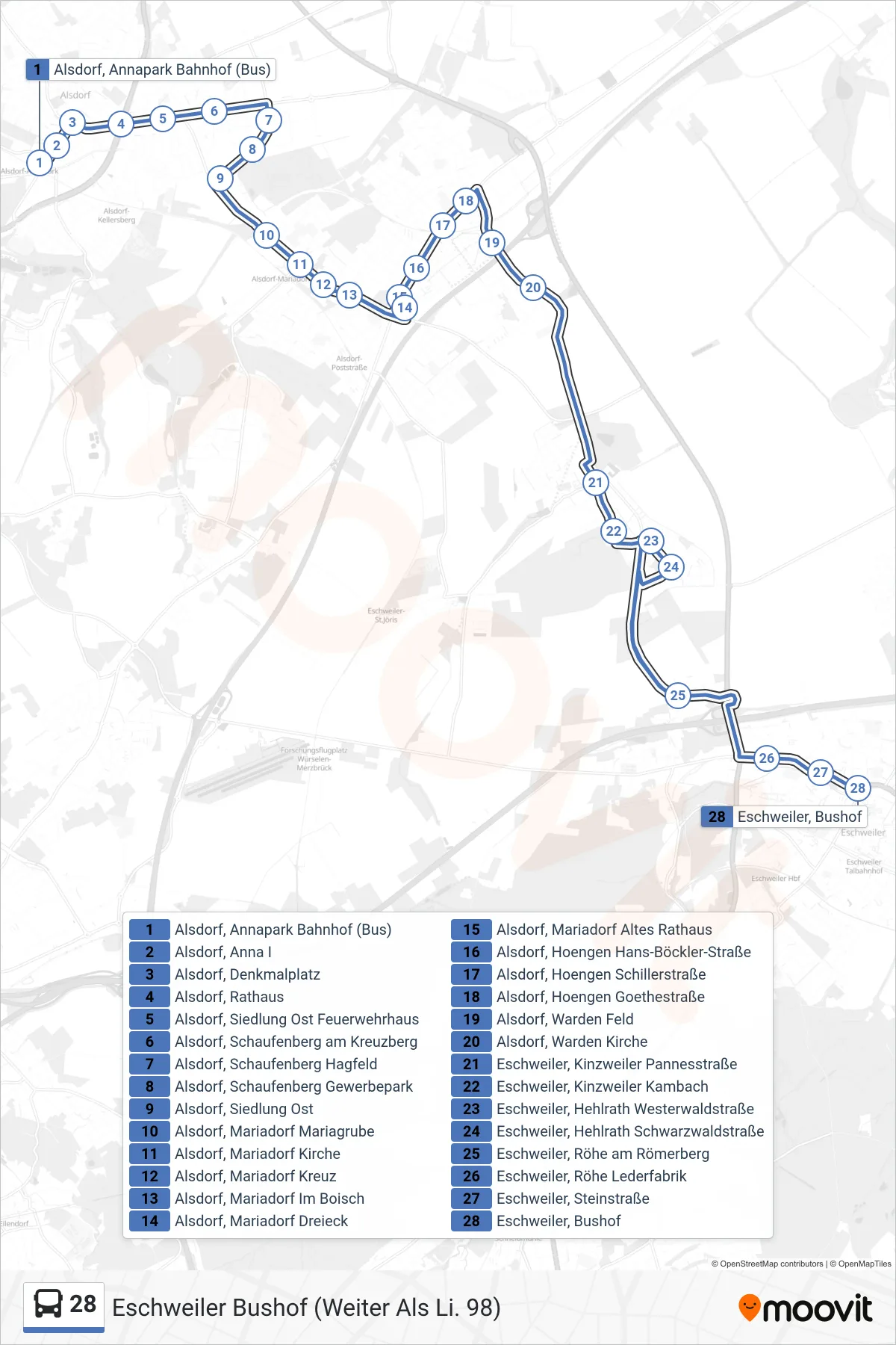 Linie 28 (Bus) Richtung Eschweiler Bushof (Weiter Als Li. 98): Route und Haltestellen auf der Karte