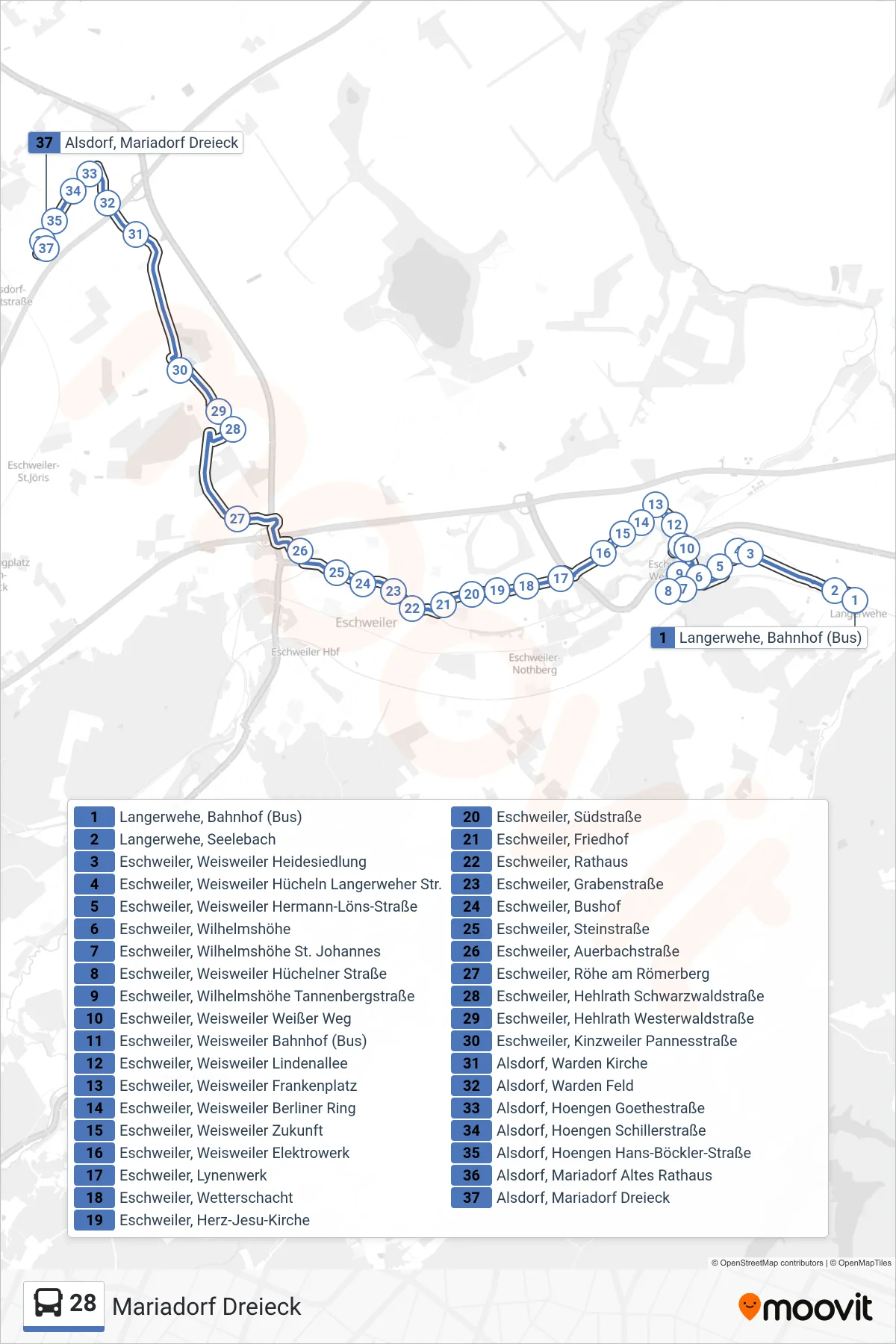 Linie 28 (Bus) Richtung Mariadorf Dreieck: Route und Haltestellen auf der Karte