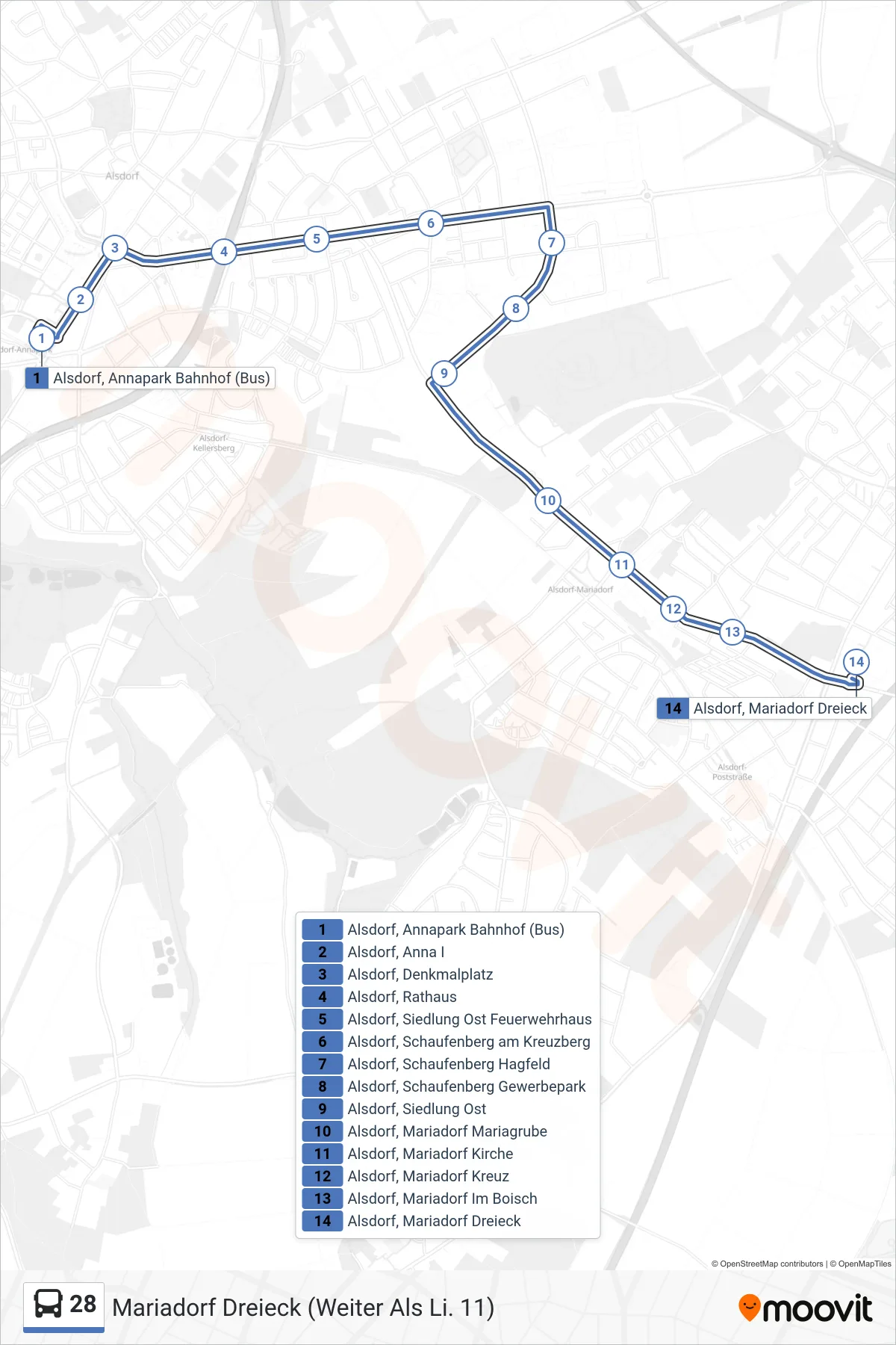 Linie 28 (Bus) Richtung Mariadorf Dreieck (Weiter Als Li. 11): Route und Haltestellen auf der Karte