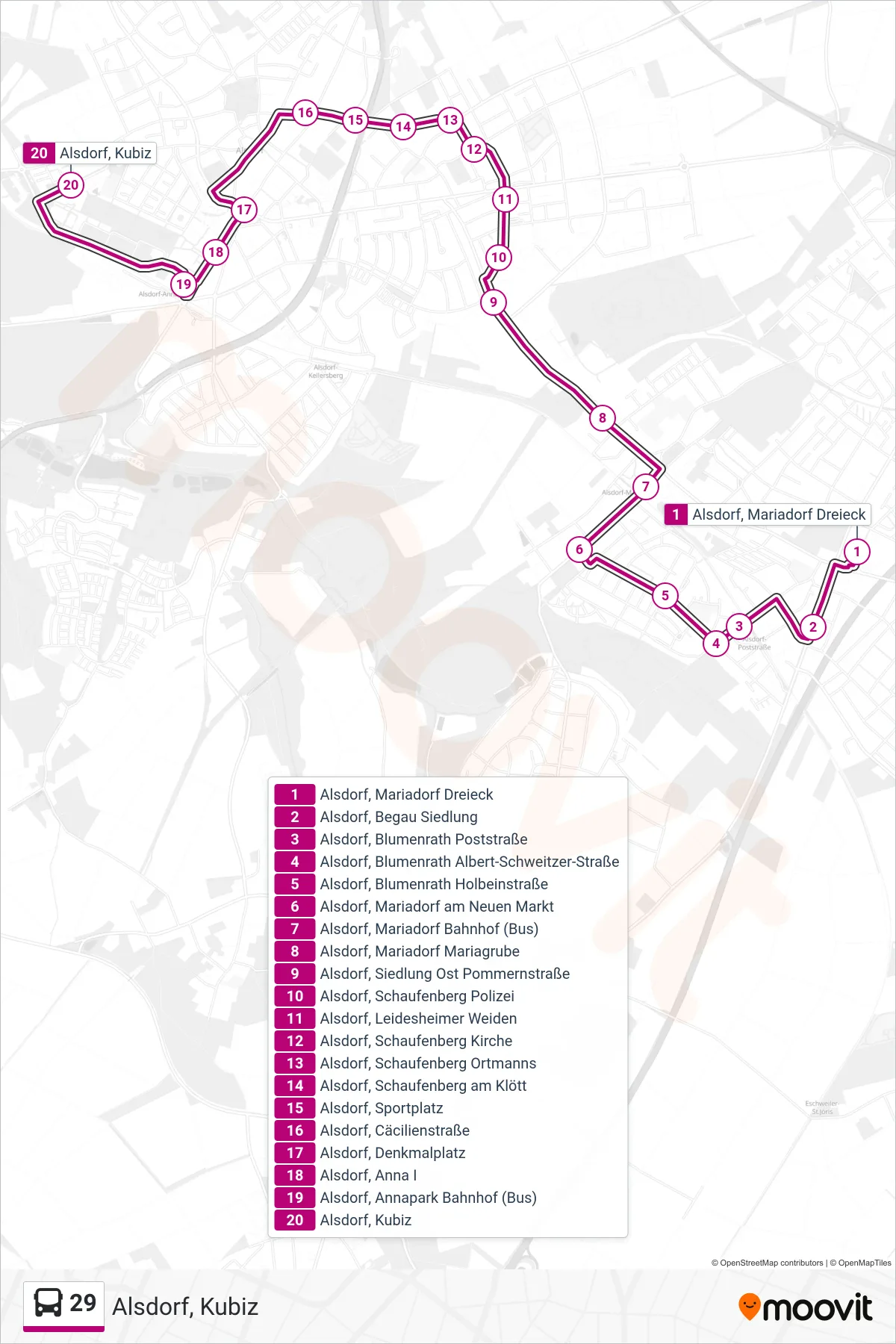 Linie 29 (Bus) Richtung Alsdorf, Kubiz: Route und Haltestellen auf der Karte