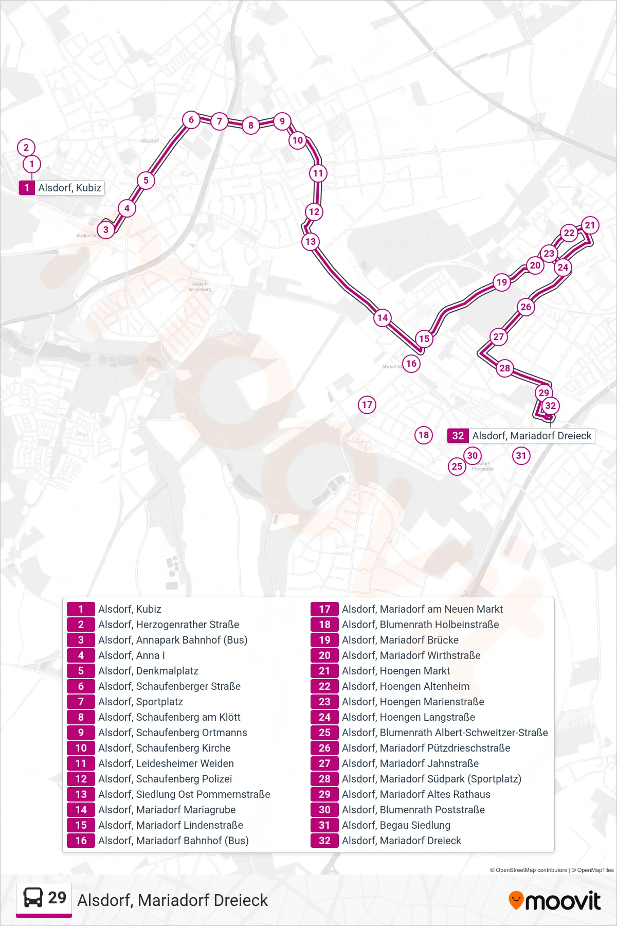 Linie 29 (Bus) Richtung Alsdorf, Mariadorf Dreieck: Route und Haltestellen auf der Karte
