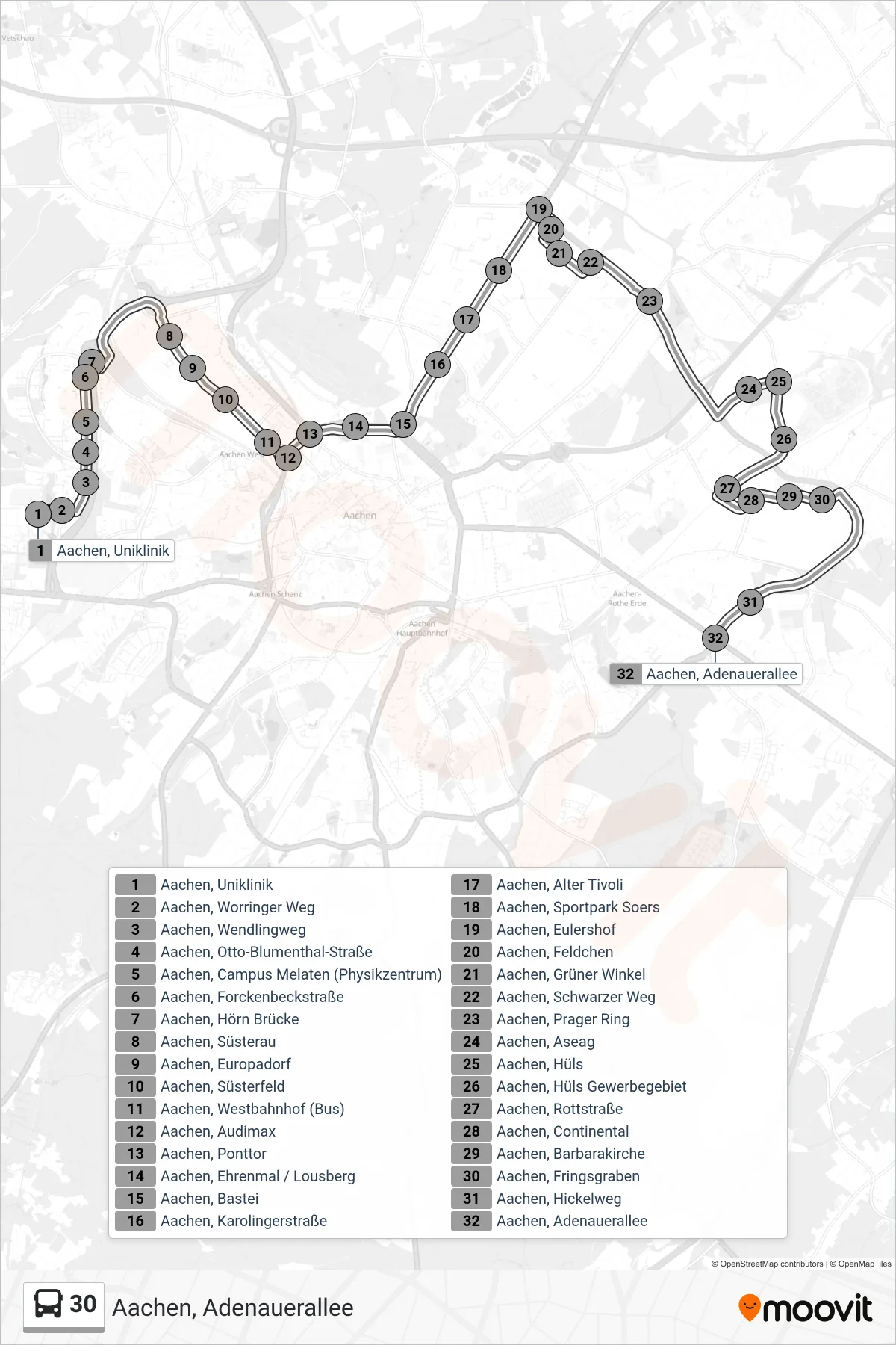 Linie 30 (Bus) Richtung Aachen, Adenauerallee: Route und Haltestellen auf der Karte