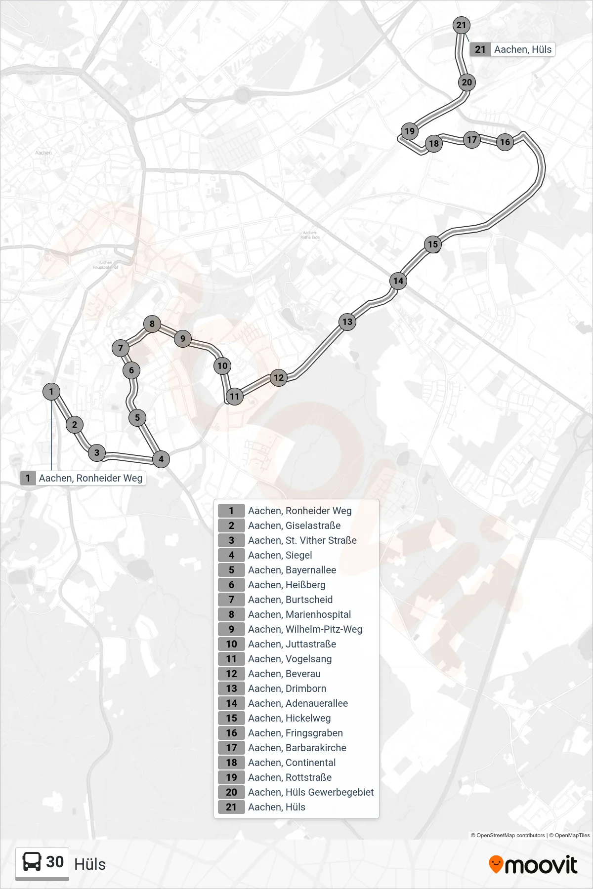 30 bus Line (Hüls) route and stops on a map