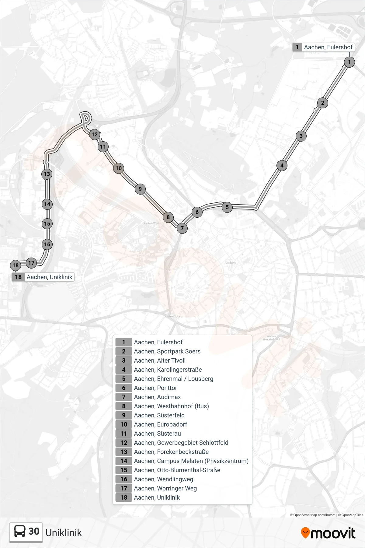 Linie 30 (Bus) Richtung Uniklinik: Route und Haltestellen auf der Karte