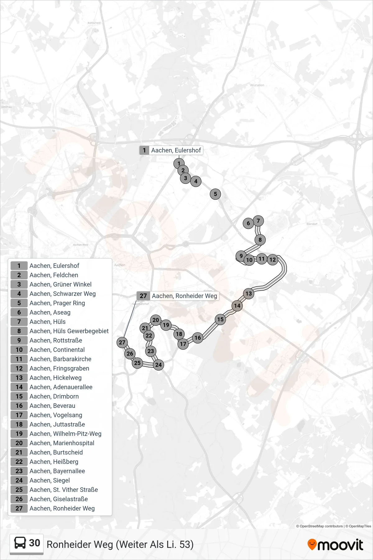 Linie 30 (Bus) Richtung Ronheider Weg (Weiter Als Li. 53): Route und Haltestellen auf der Karte
