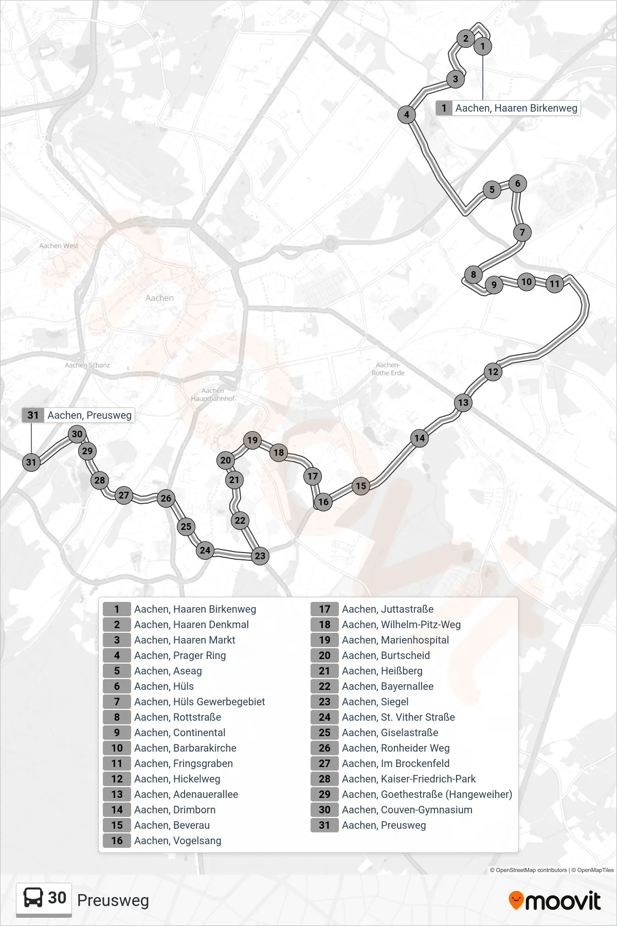Linie 30 (Bus) Richtung Preusweg: Route und Haltestellen auf der Karte