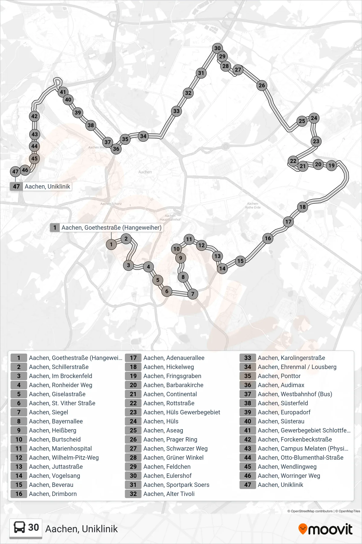 Linie 30 (Bus) Richtung Aachen, Uniklinik: Route und Haltestellen auf der Karte