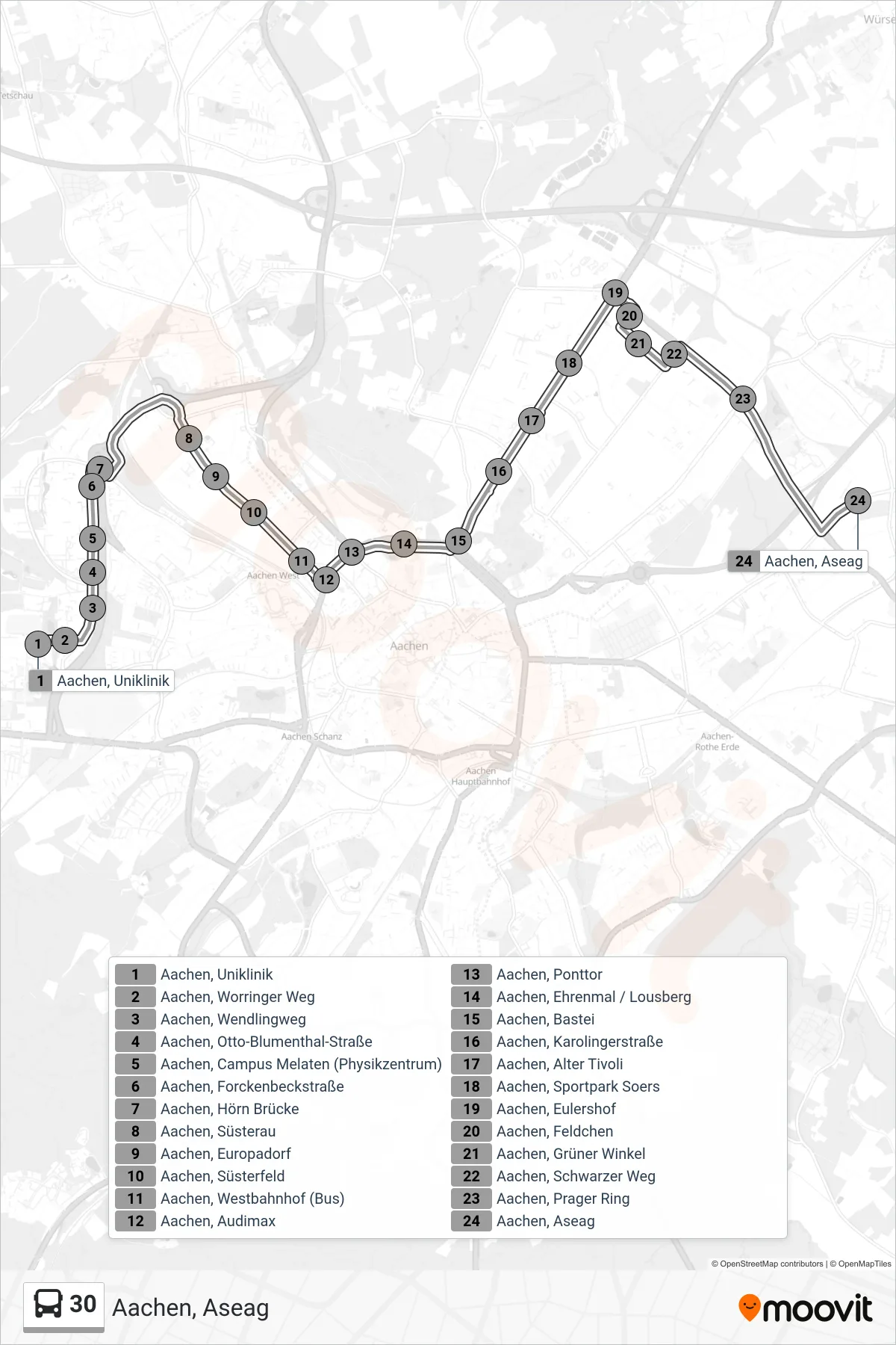 Linie 30 (Bus) Richtung Aachen, Aseag: Route und Haltestellen auf der Karte