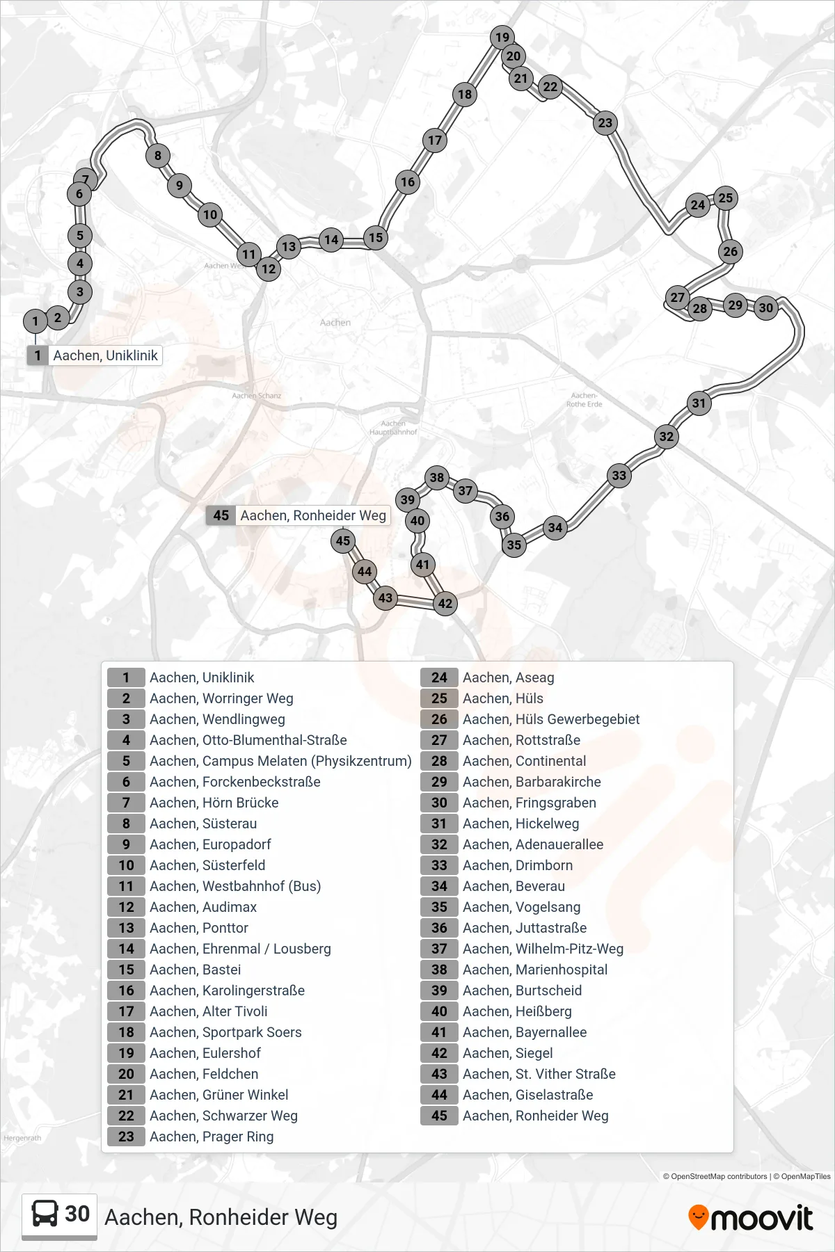 Linie 30 (Bus) Richtung Aachen, Ronheider Weg: Route und Haltestellen auf der Karte