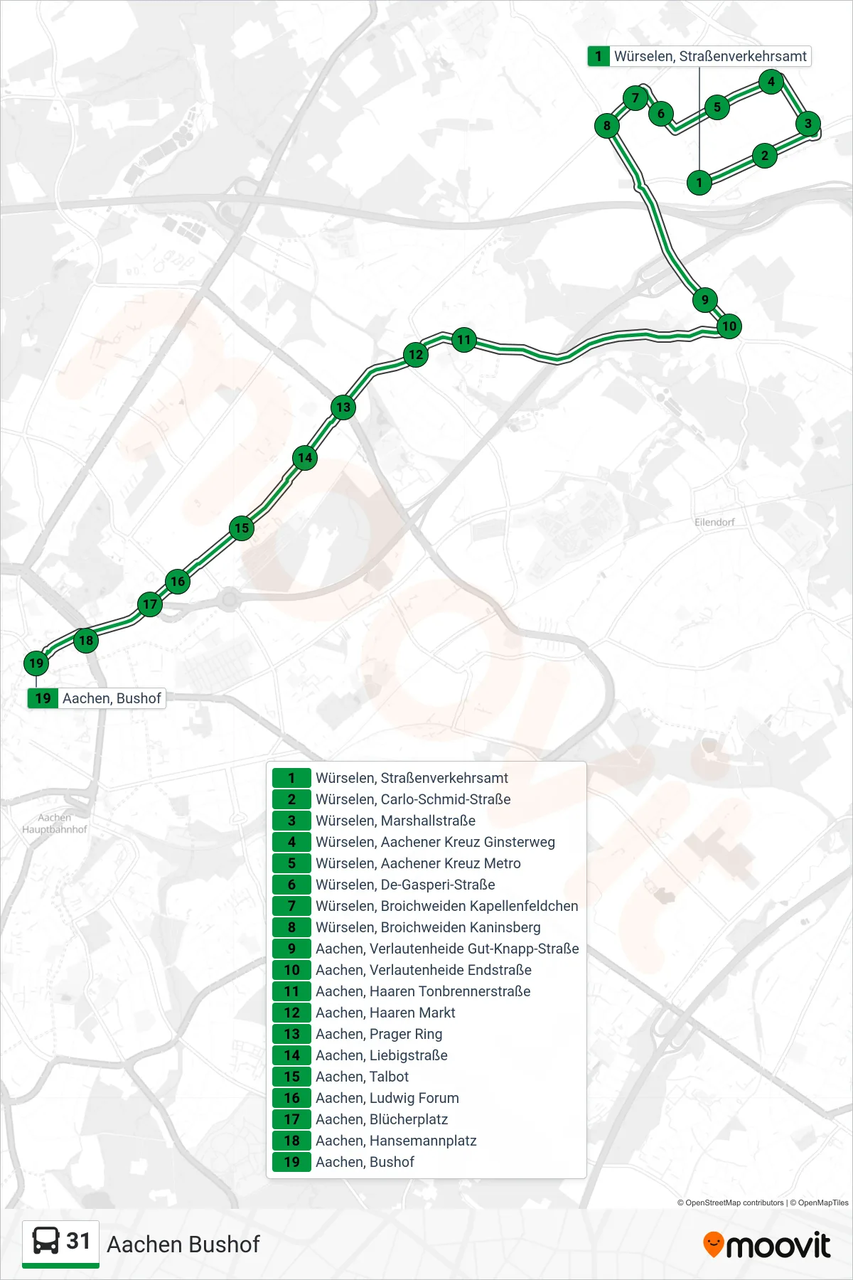 31 bus Line (Aachen Bushof) route and stops on a map