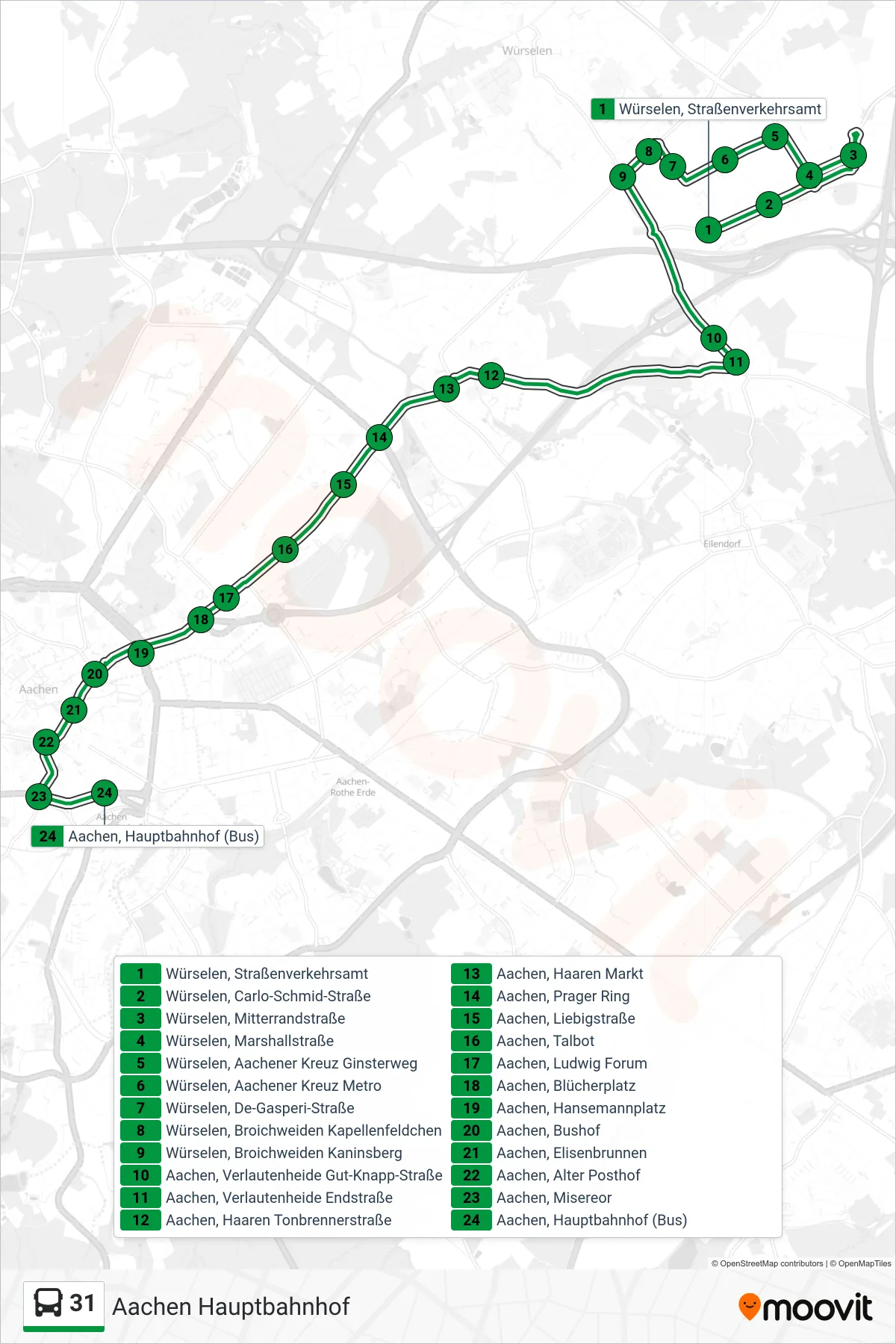 Linie 31 (Bus) Richtung Aachen Hauptbahnhof: Route und Haltestellen auf der Karte