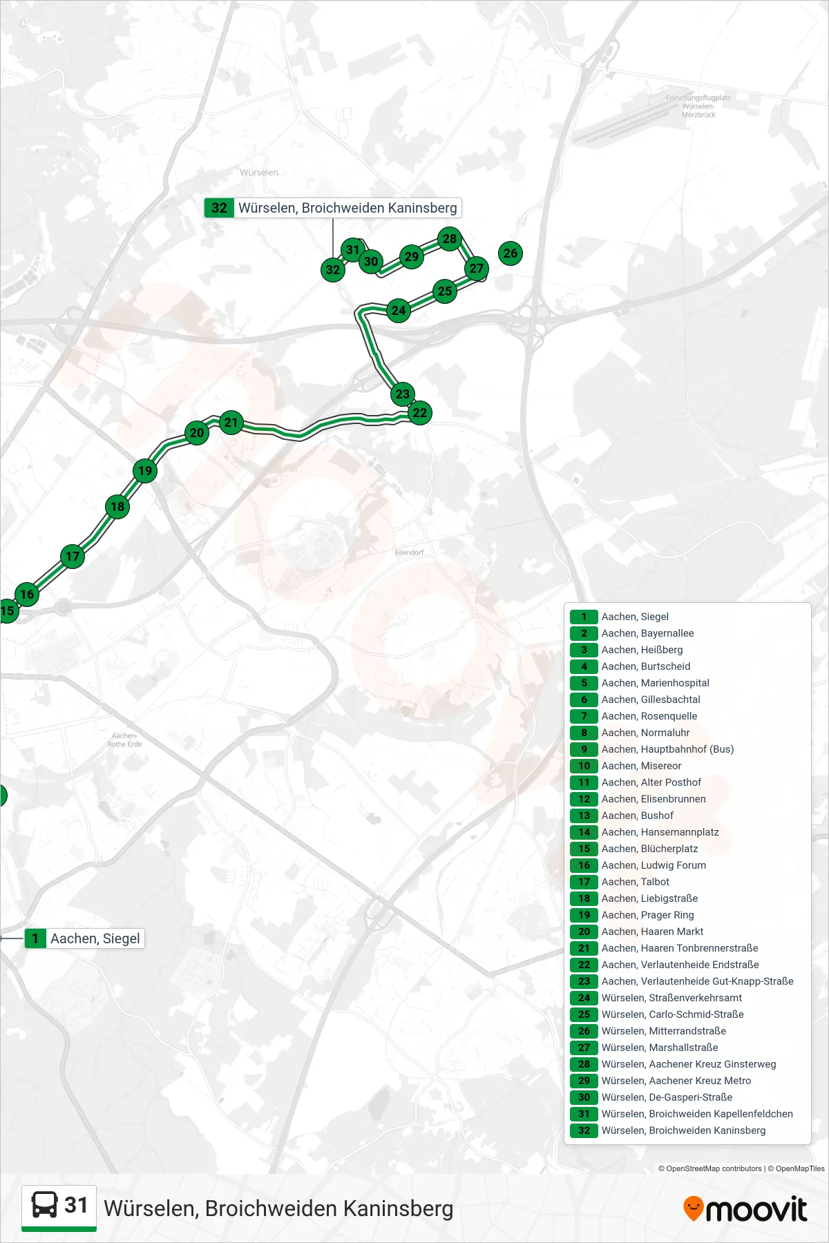 Linie 31 (Bus) Richtung Würselen, Broichweiden Kaninsberg: Route und Haltestellen auf der Karte