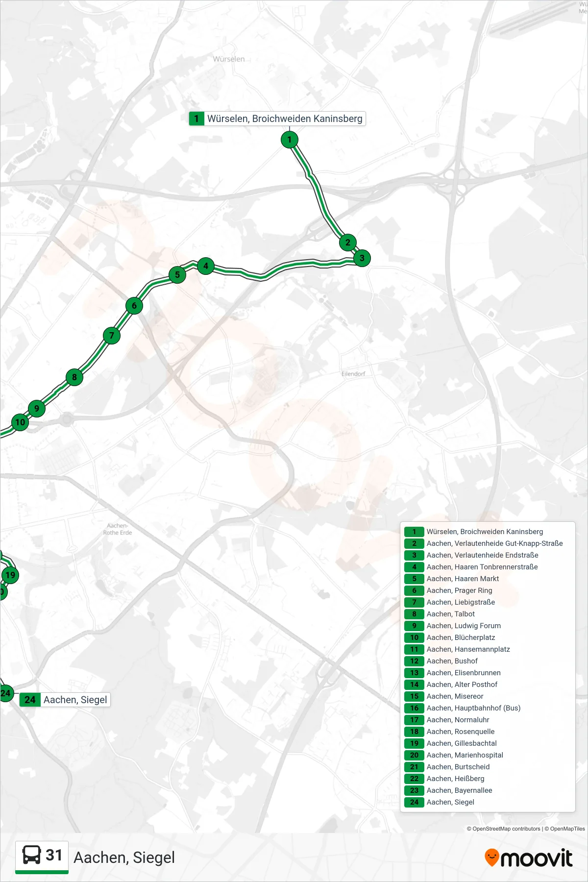 31 bus Line (Aachen, Siegel) route and stops on a map
